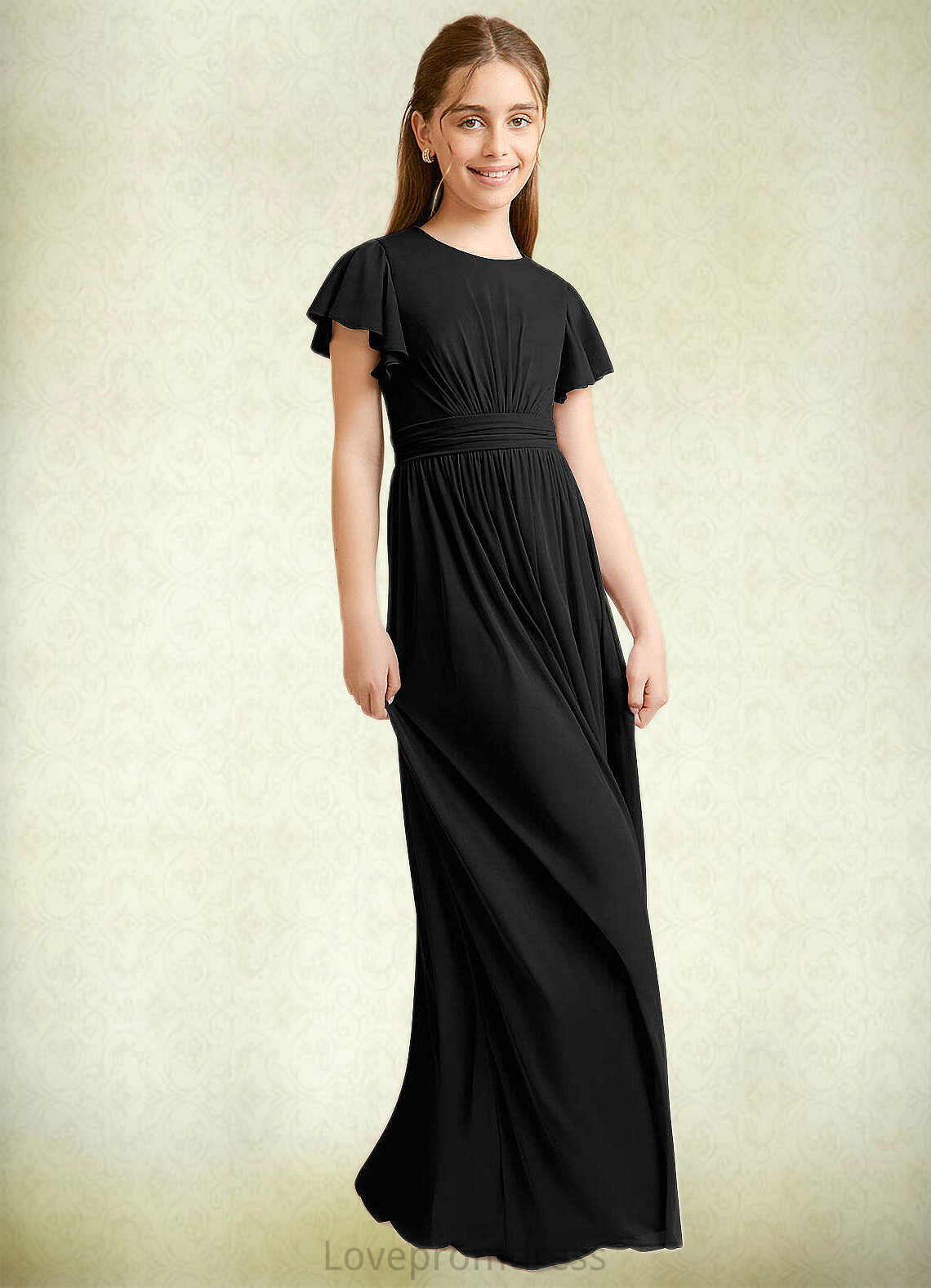 Eden A-Line Ruched Mesh Floor-Length Junior Bridesmaid Dress black DYP0022857