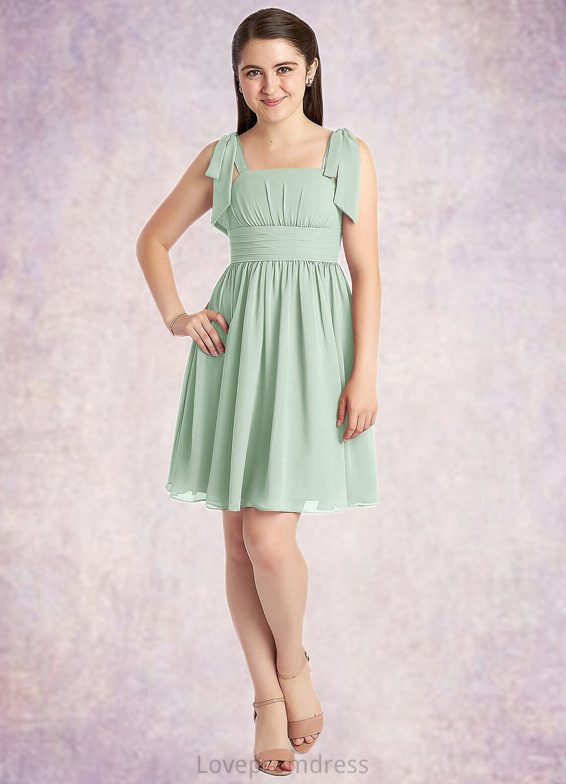 Kitty A-Line Pleated Chiffon Mini Junior Bridesmaid Dress Agave DYP0022864