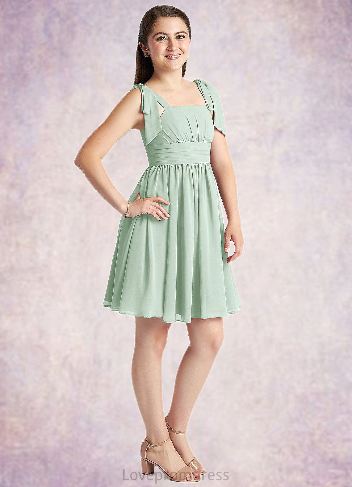 Kitty A-Line Pleated Chiffon Mini Junior Bridesmaid Dress Agave DYP0022864