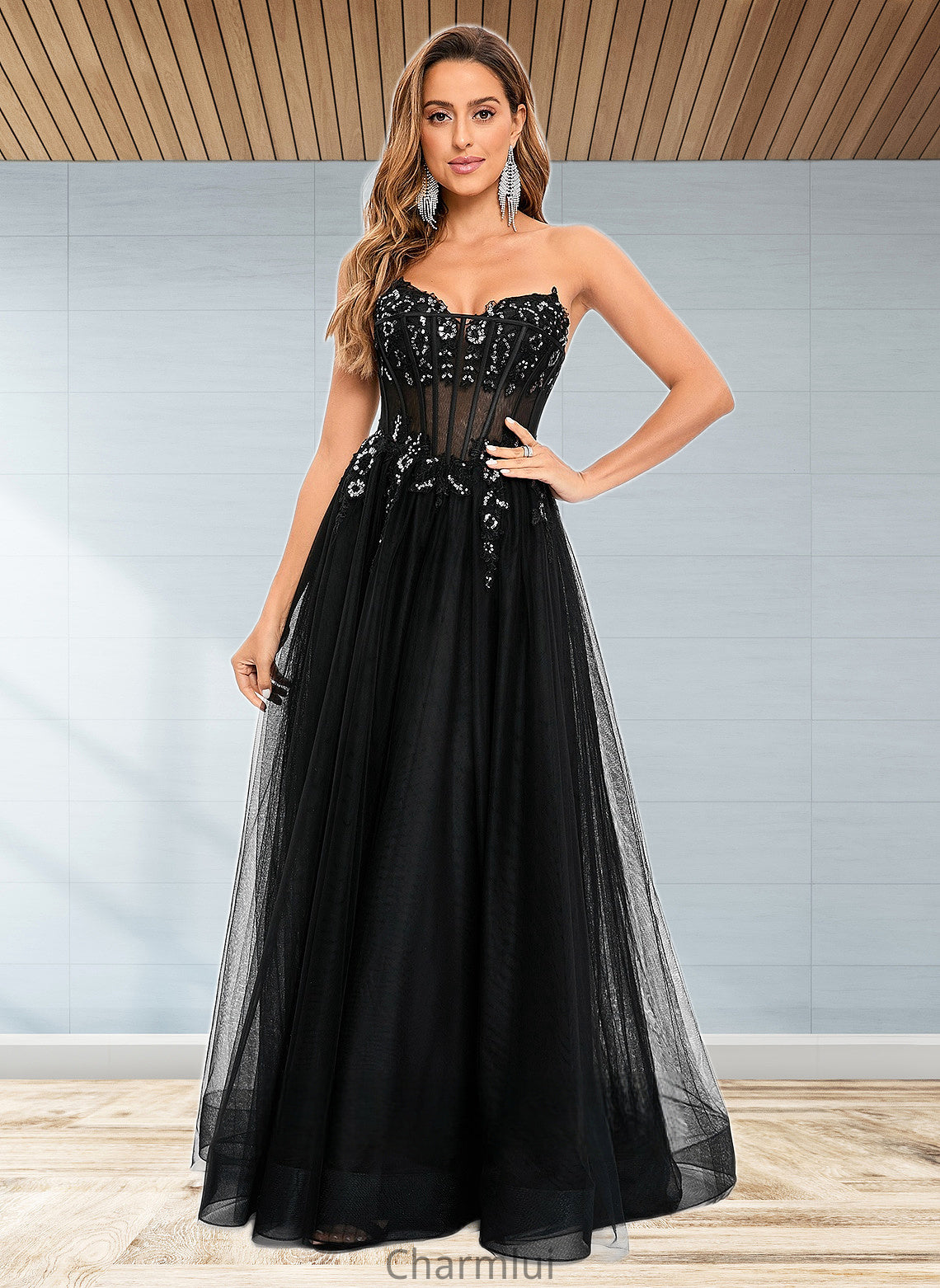 Anahi Ball-Gown/Princess V-Neck Floor-Length Tulle Prom Dresses With Sequins Appliques Lace DYP0025837