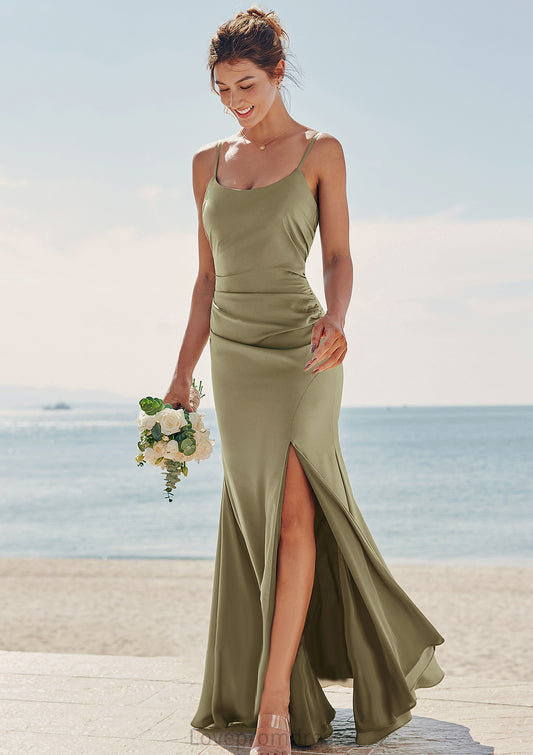 Trumpet/Mermaid Scoop Neck Sleeveless Floor-Length Stretch Satin Bridesmaid Dresses with Pleated Split Kimora DYP0025219