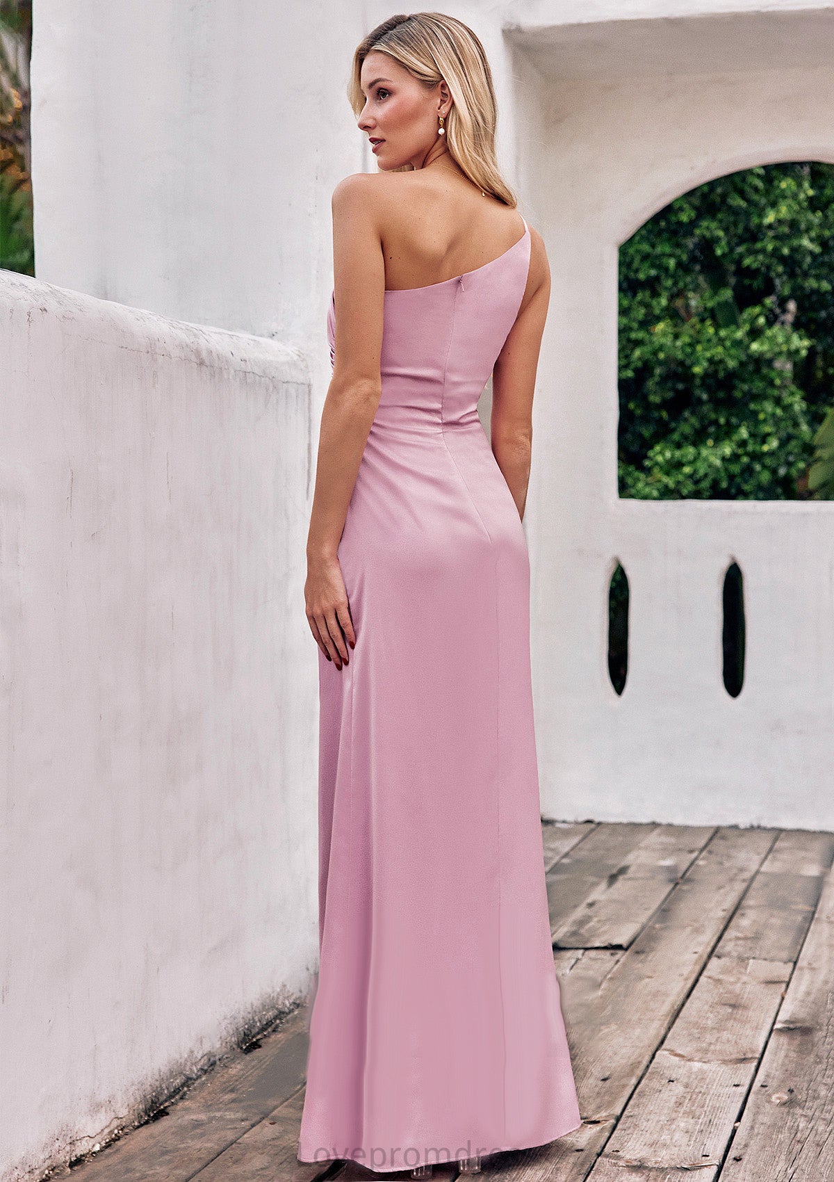 Sheath/Column One-Shoulder Sleeveless Floor-Length Stretch Satin Bridesmaid Dresses with Pleated Alisson DYP0025221