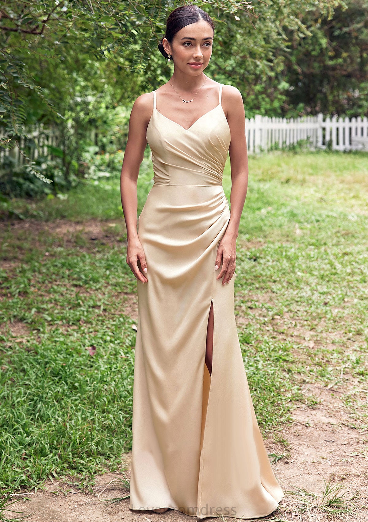 Sheath/Column V Neck Sleeveless Floor-Length Stretch Satin Bridesmaid Dresses with Pleated Split Marianna DYP0025222