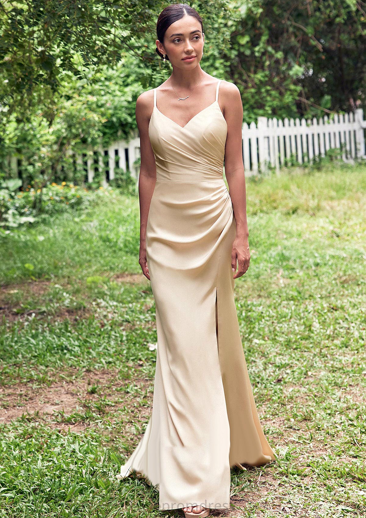 Sheath/Column V Neck Sleeveless Floor-Length Stretch Satin Bridesmaid Dresses with Pleated Split Marianna DYP0025222