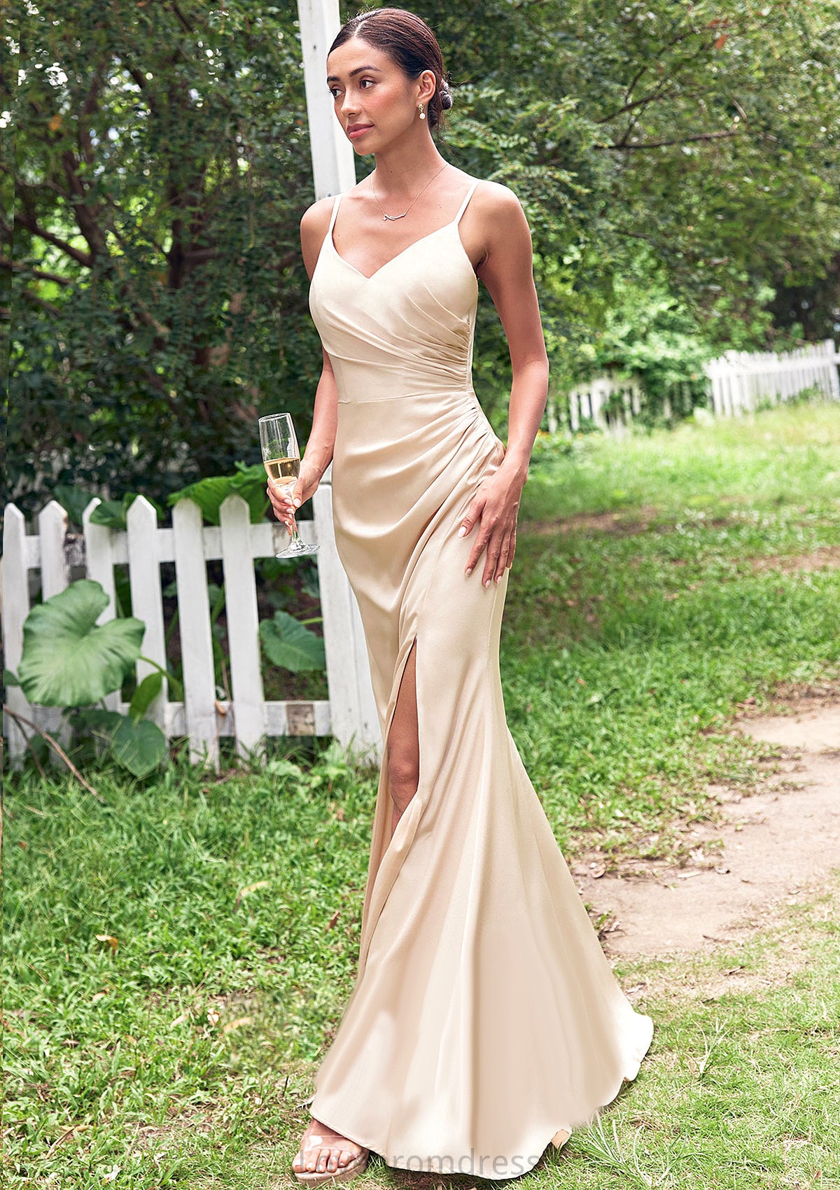 Sheath/Column V Neck Sleeveless Floor-Length Stretch Satin Bridesmaid Dresses with Pleated Split Marianna DYP0025222