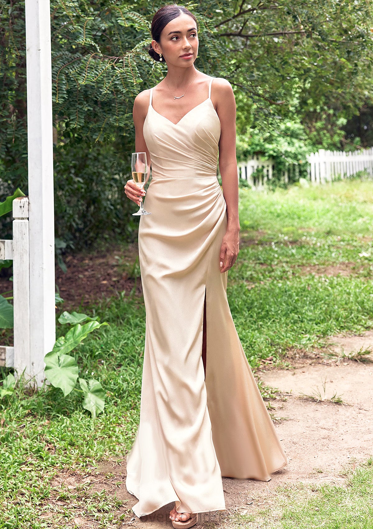 Sheath/Column V Neck Sleeveless Floor-Length Stretch Satin Bridesmaid Dresses with Pleated Split Marianna DYP0025222