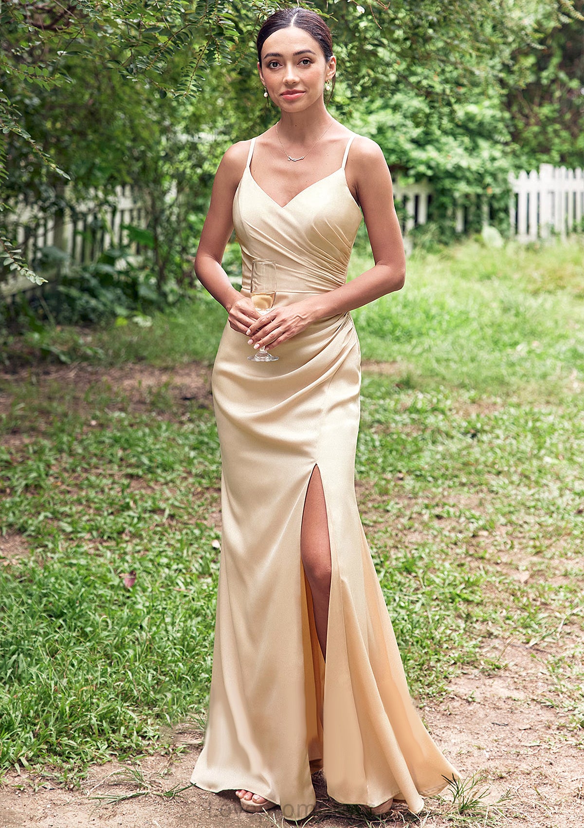 Sheath/Column V Neck Sleeveless Floor-Length Stretch Satin Bridesmaid Dresses with Pleated Split Marianna DYP0025222