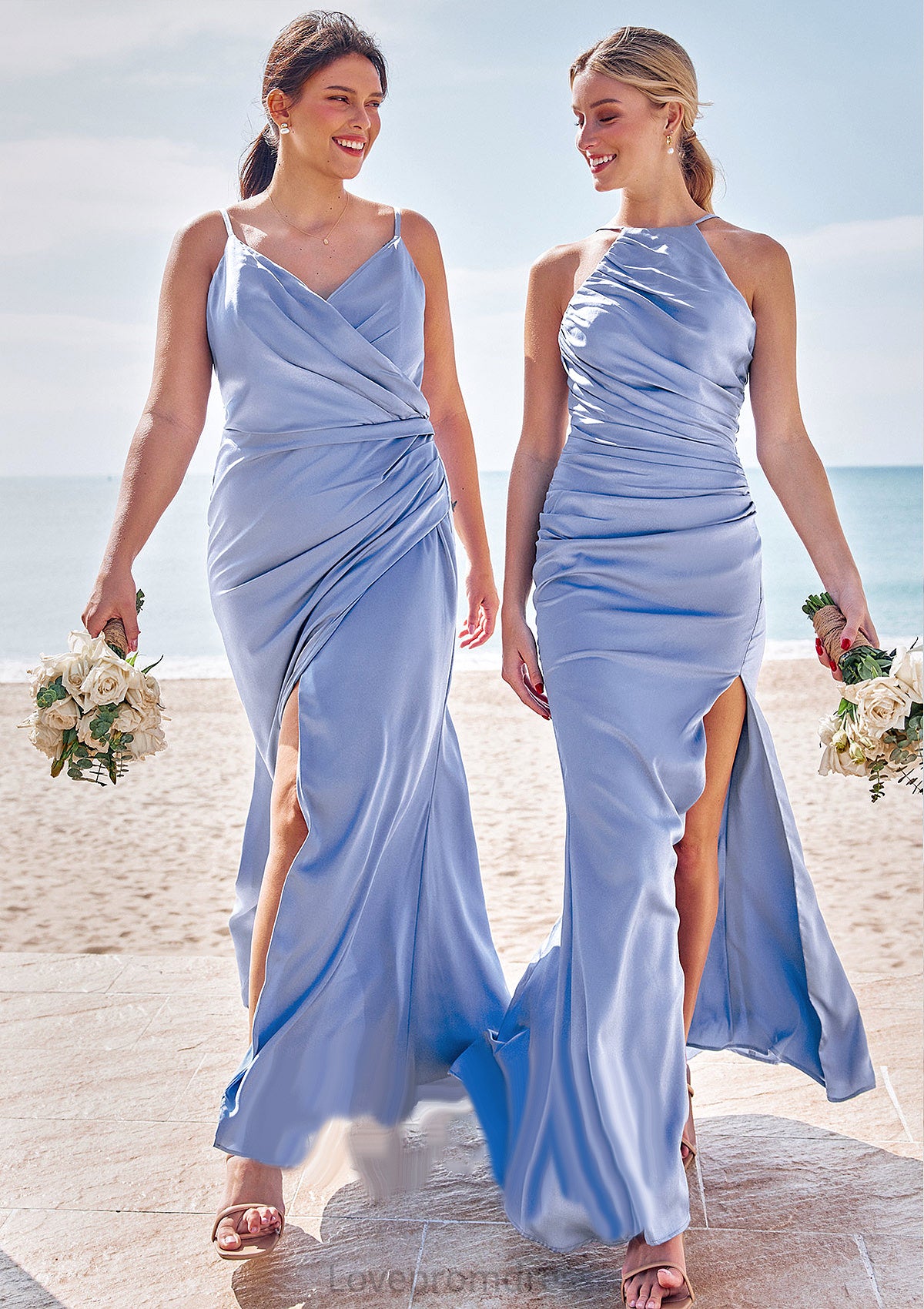 Sheath/Column Halter Sleeveless Floor-Length Stretch Satin Bridesmaid Dresses with Pleated Split Braelyn DYP0025224