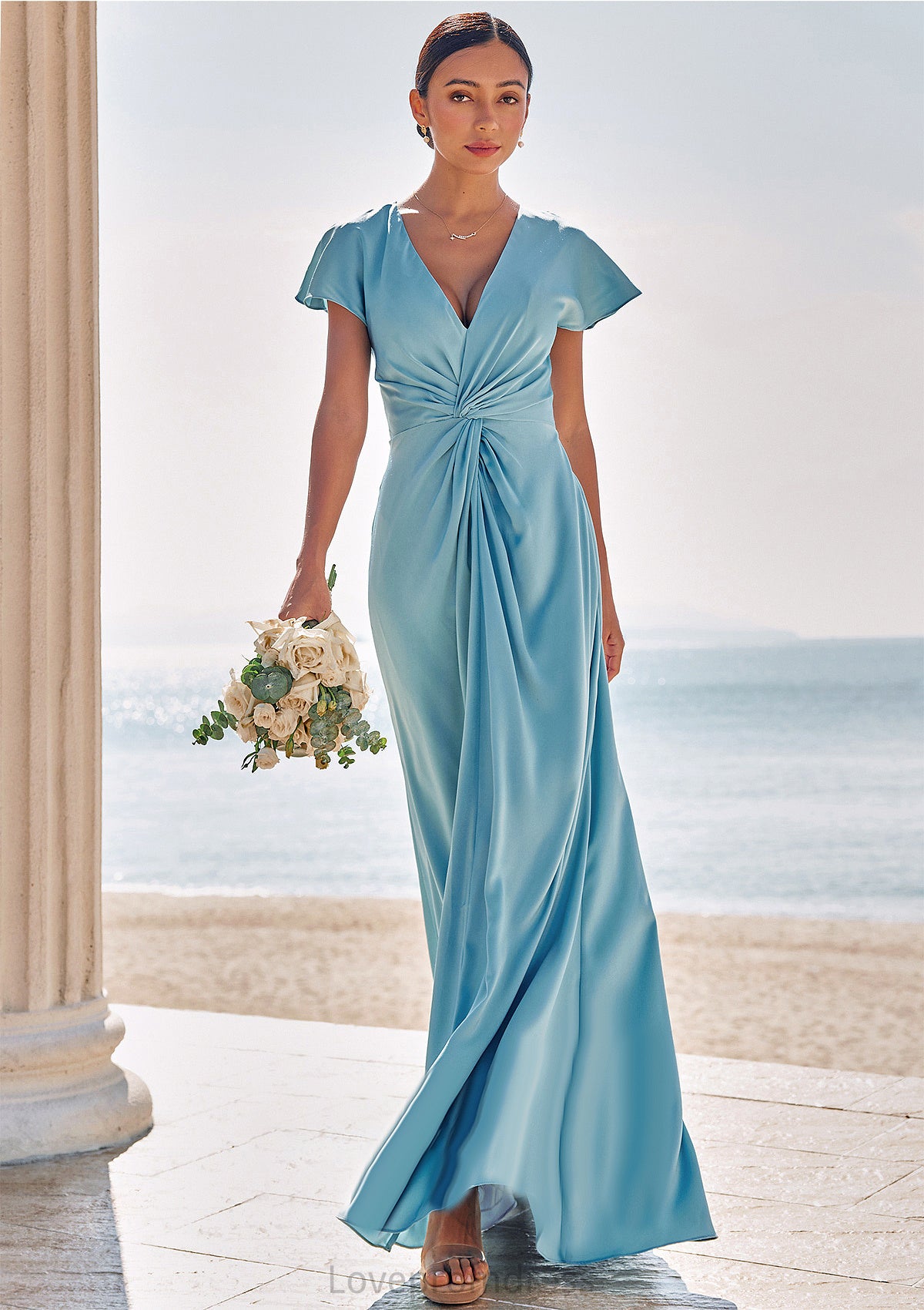 Sheath/Column V Neck Short Sleeve Floor-Length Stretch Satin Bridesmaid Dresses with Pleated Abagail DYP0025225