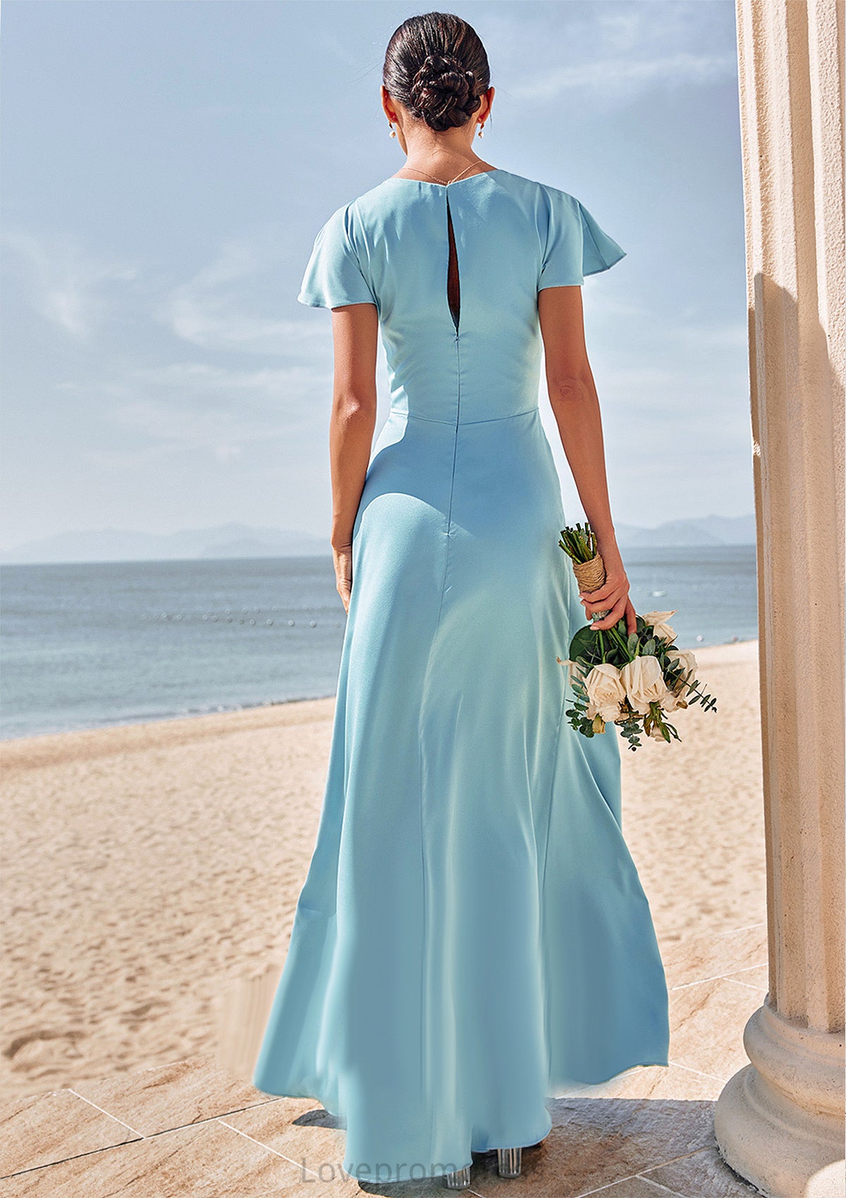 Sheath/Column V Neck Short Sleeve Floor-Length Stretch Satin Bridesmaid Dresses with Pleated Abagail DYP0025225