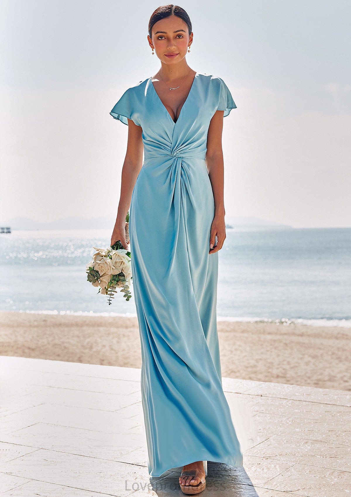 Sheath/Column V Neck Short Sleeve Floor-Length Stretch Satin Bridesmaid Dresses with Pleated Abagail DYP0025225