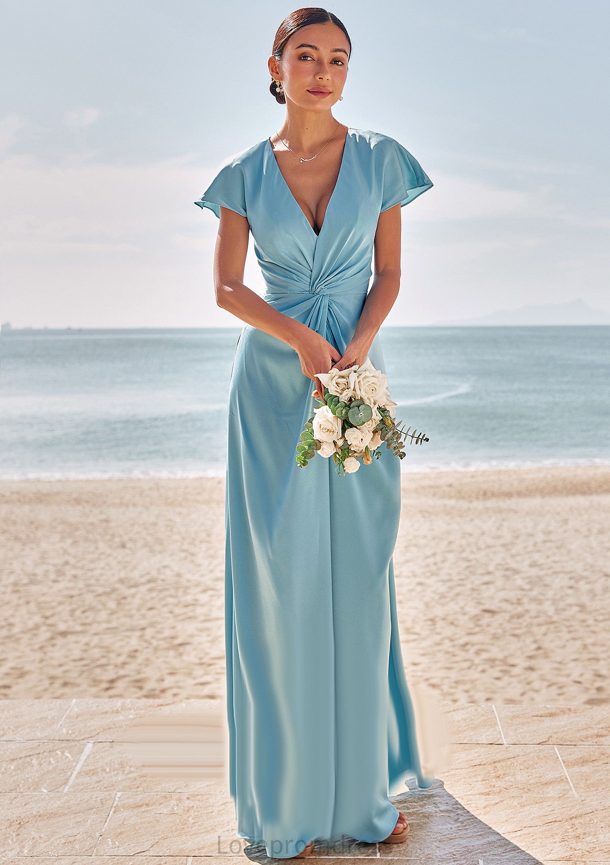 Sheath/Column V Neck Short Sleeve Floor-Length Stretch Satin Bridesmaid Dresses with Pleated Abagail DYP0025225