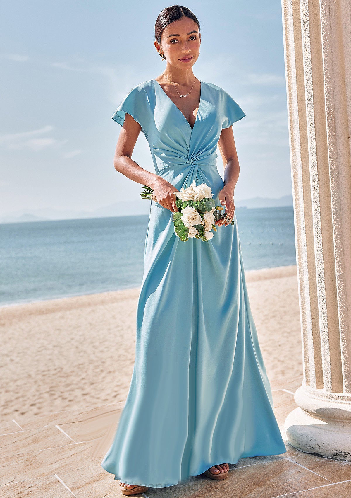 Sheath/Column V Neck Short Sleeve Floor-Length Stretch Satin Bridesmaid Dresses with Pleated Abagail DYP0025225