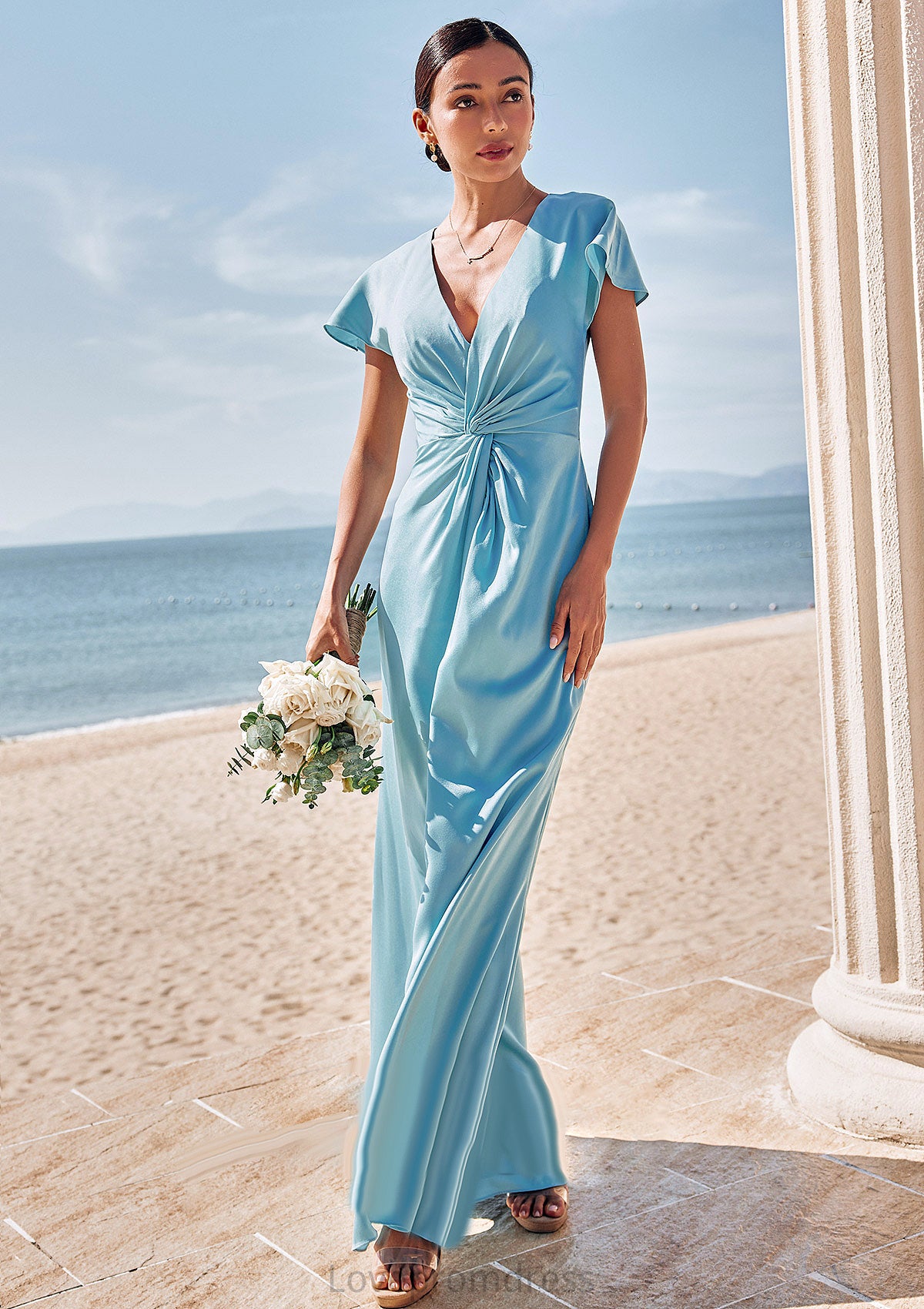 Sheath/Column V Neck Short Sleeve Floor-Length Stretch Satin Bridesmaid Dresses with Pleated Abagail DYP0025225