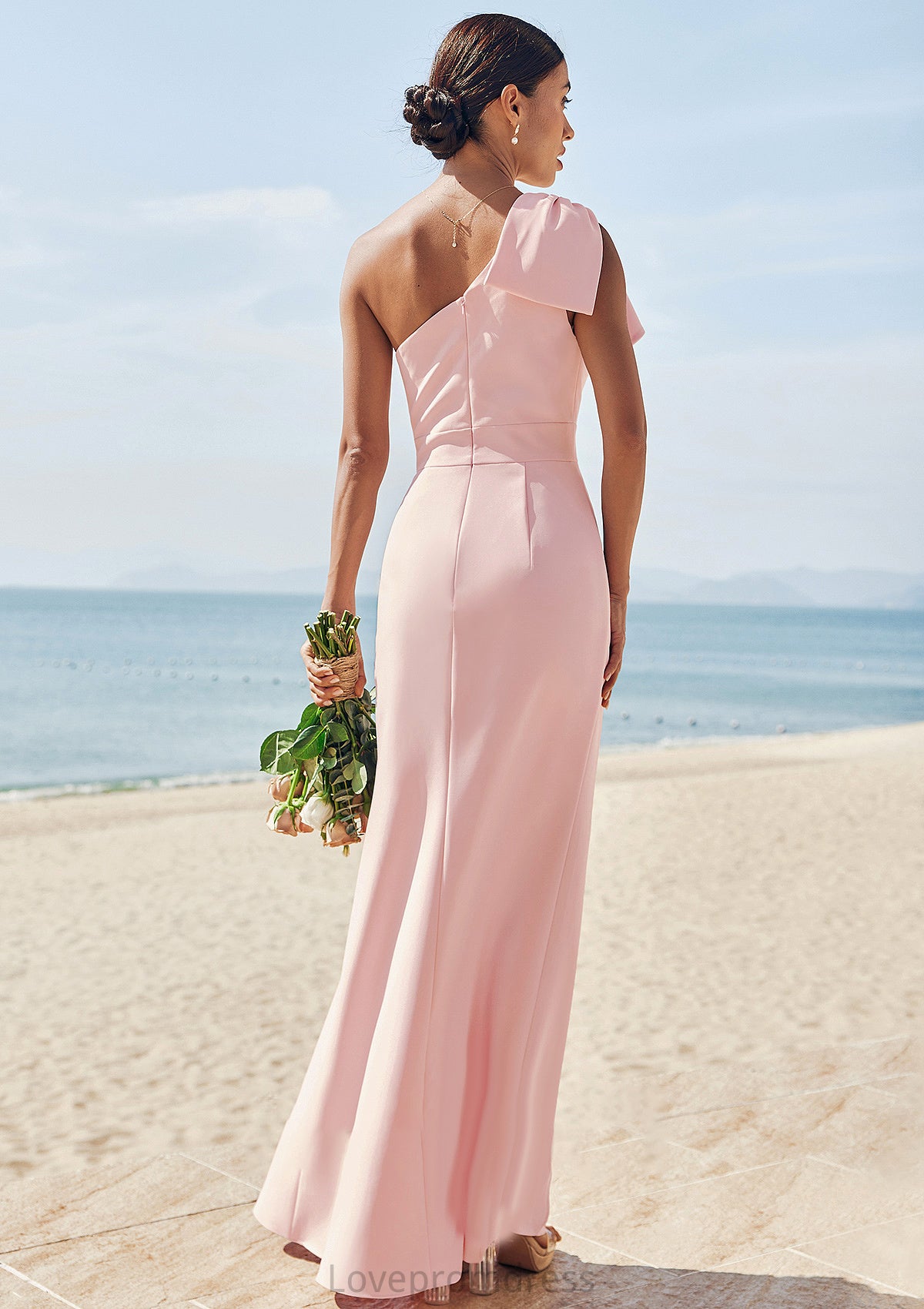 Sheath/Column One-Shoulder Sleeveless Floor-Length Stretch Crepe Bridesmaid Dresses with Bowknot Split Liz DYP0025230