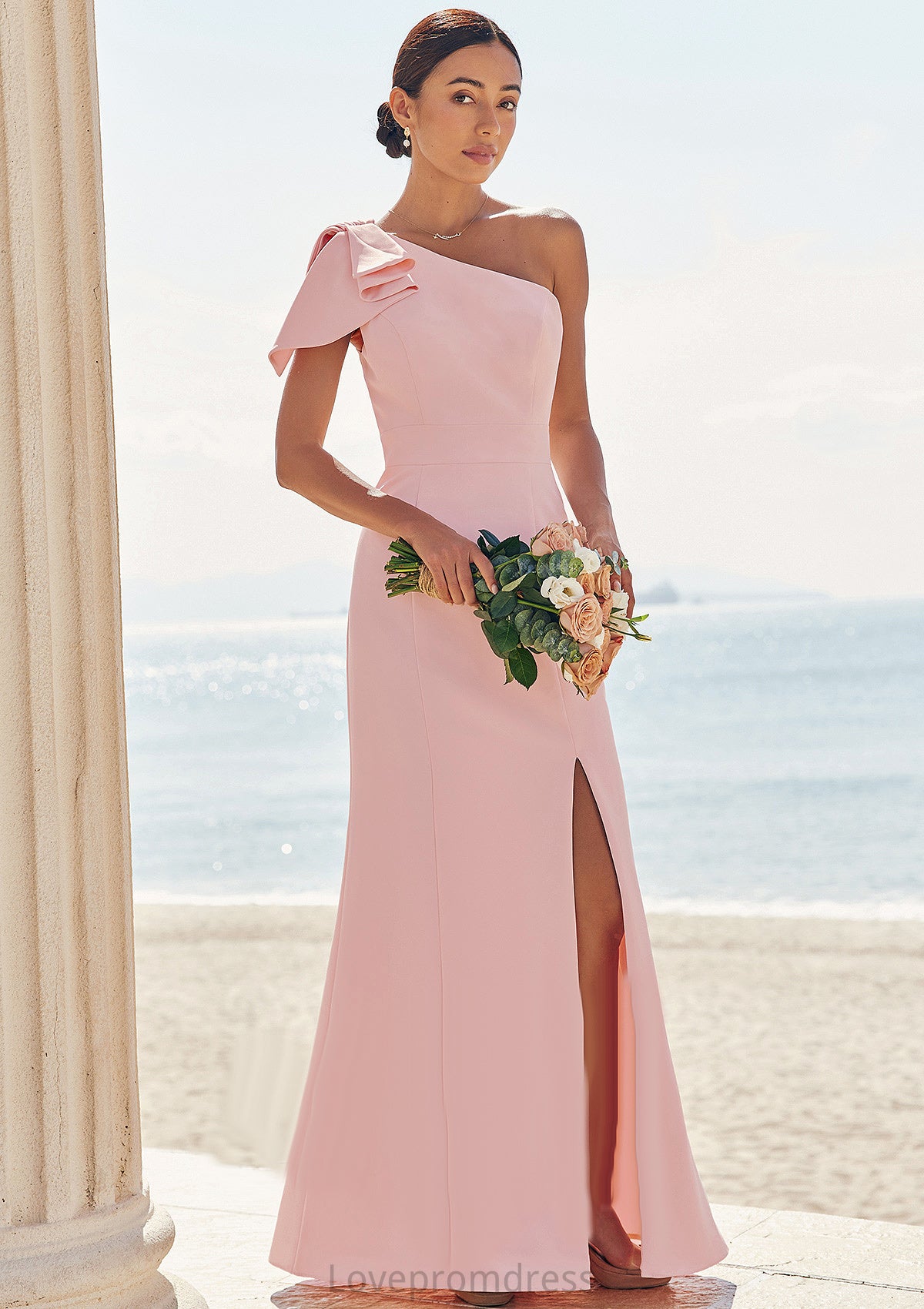 Sheath/Column One-Shoulder Sleeveless Floor-Length Stretch Crepe Bridesmaid Dresses with Bowknot Split Liz DYP0025230