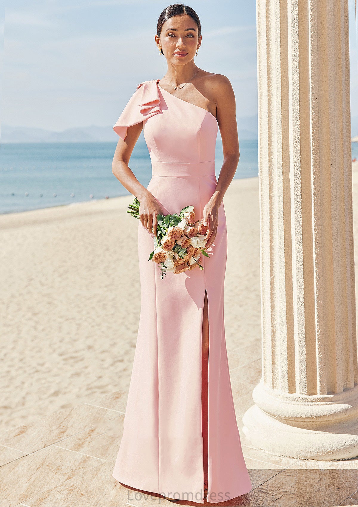 Sheath/Column One-Shoulder Sleeveless Floor-Length Stretch Crepe Bridesmaid Dresses with Bowknot Split Liz DYP0025230