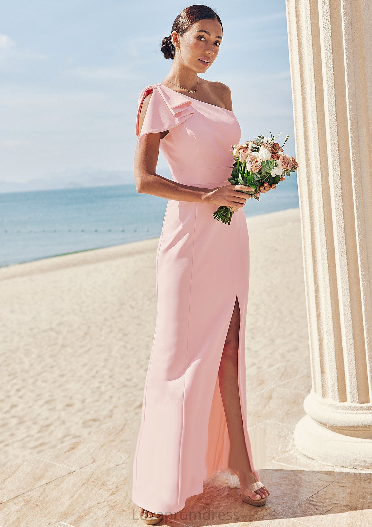 Sheath/Column One-Shoulder Sleeveless Floor-Length Stretch Crepe Bridesmaid Dresses with Bowknot Split Liz DYP0025230