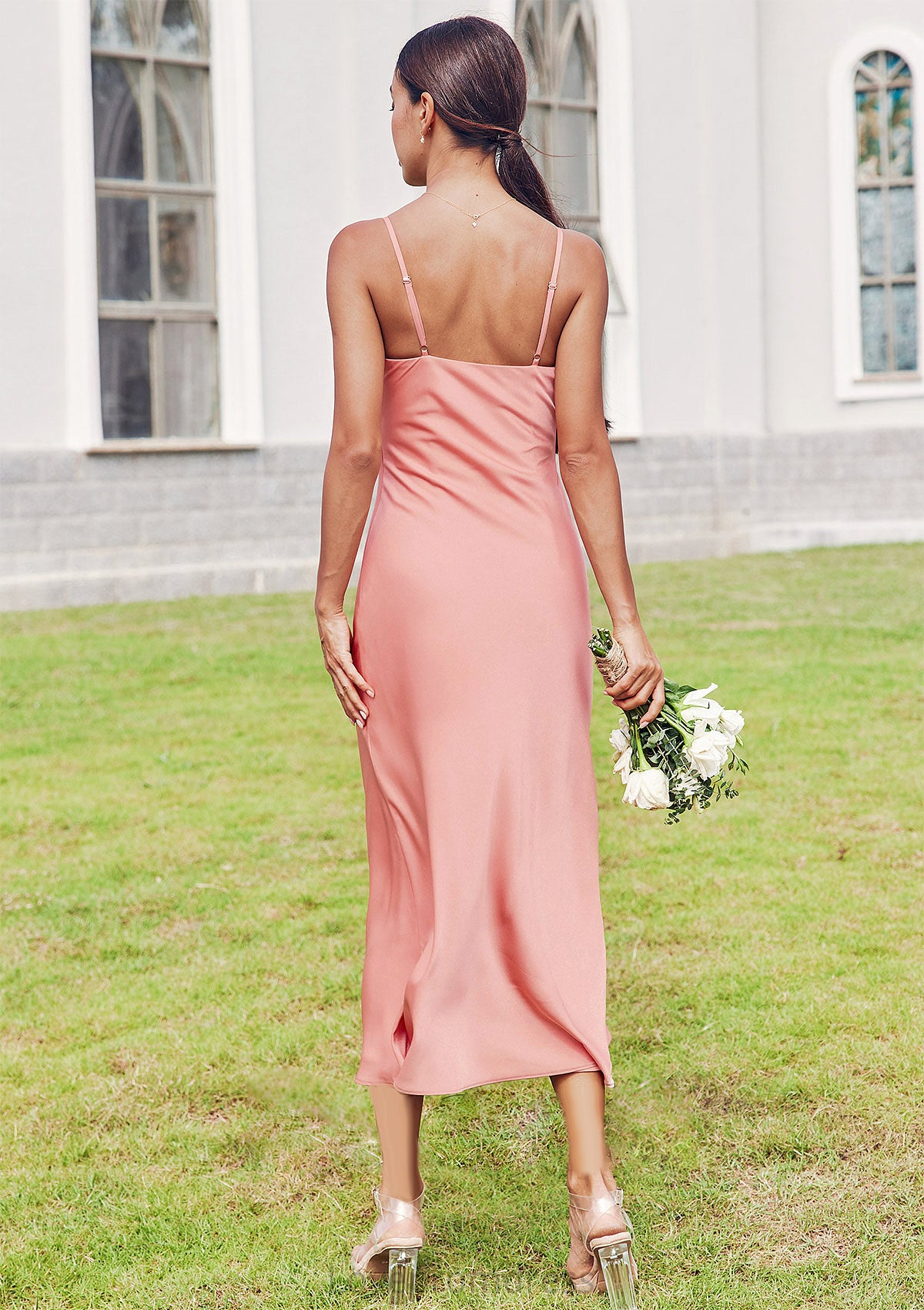 Sheath/Column Cowl Neck Sleeveless Tea-Length Stretch Satin Bridesmaid Dresses Briana DYP0025232