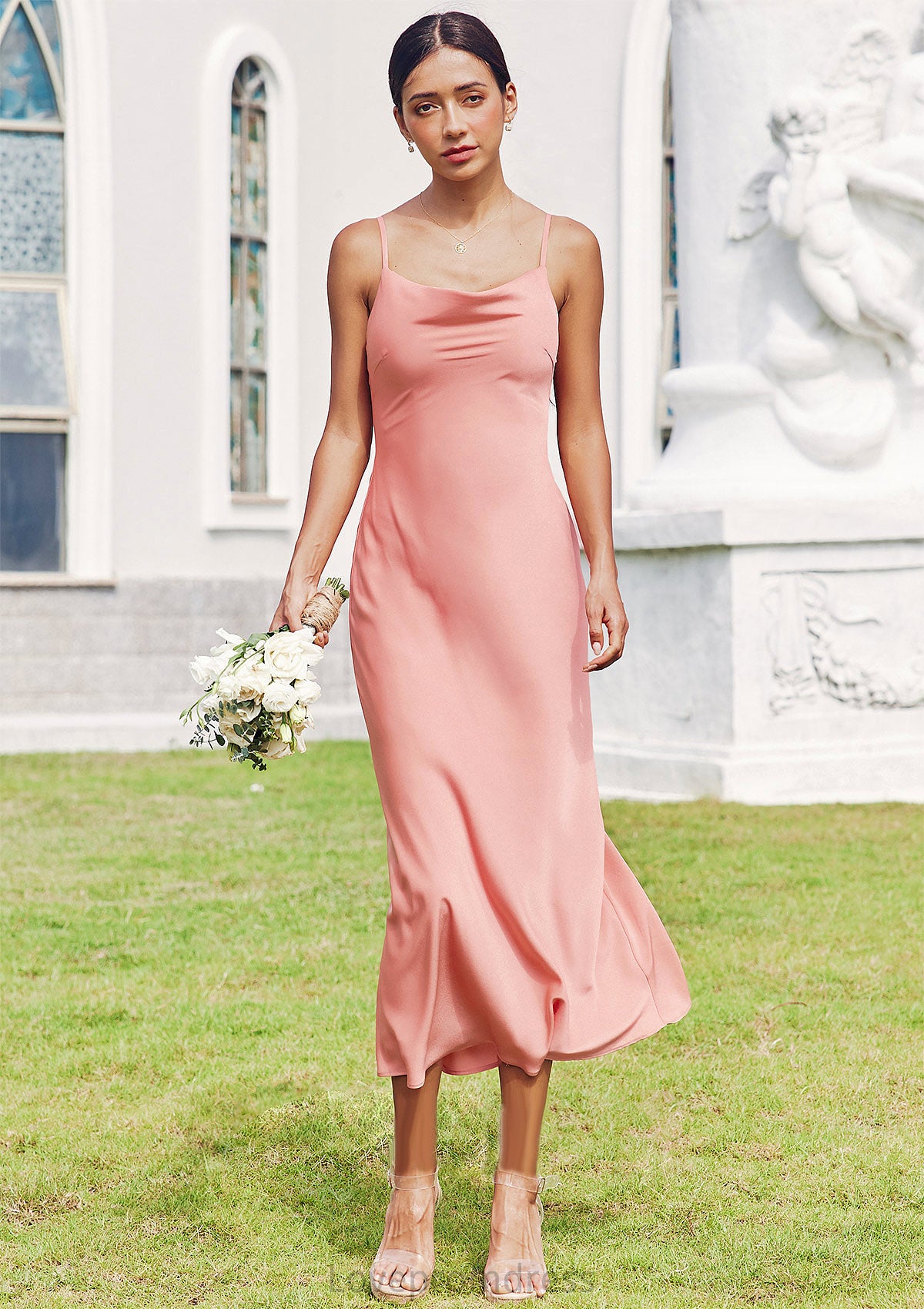 Sheath/Column Cowl Neck Sleeveless Tea-Length Stretch Satin Bridesmaid Dresses Briana DYP0025232