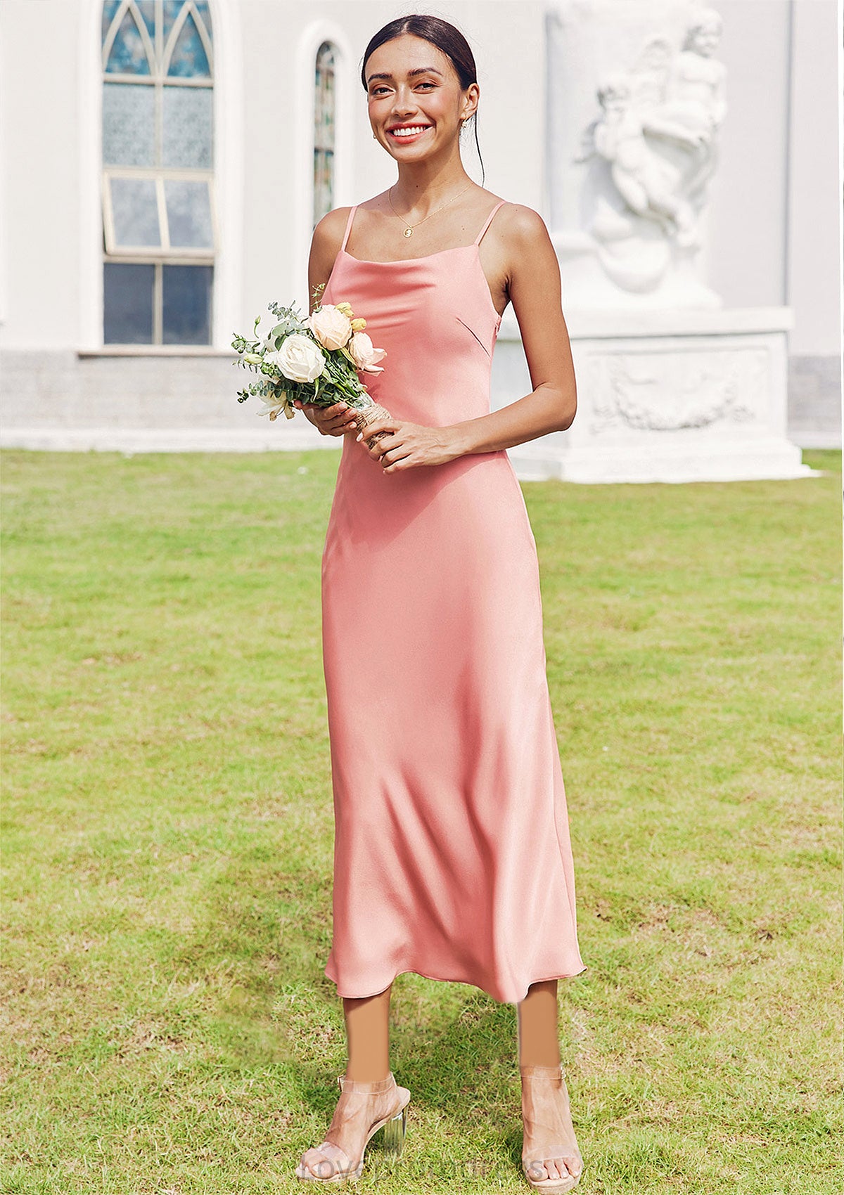 Sheath/Column Cowl Neck Sleeveless Tea-Length Stretch Satin Bridesmaid Dresses Briana DYP0025232