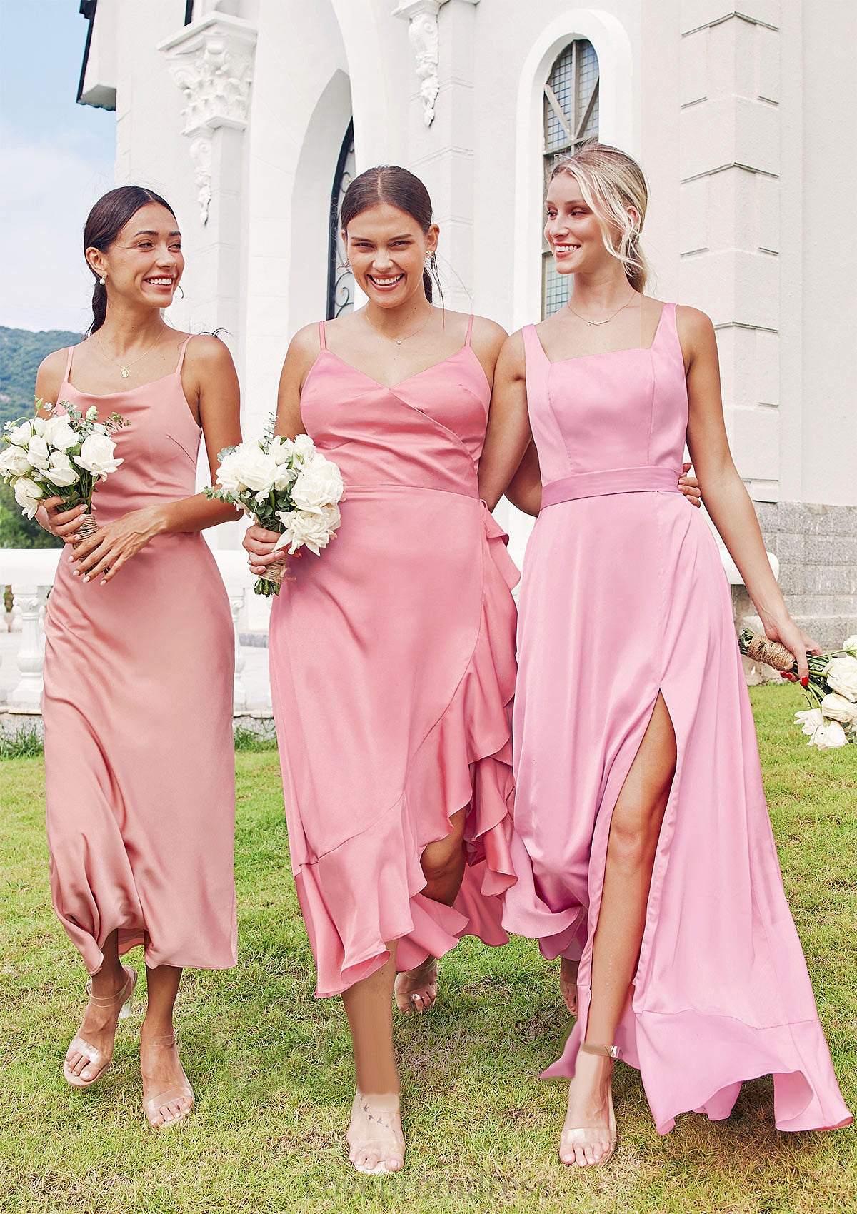 Sheath/Column Cowl Neck Sleeveless Tea-Length Stretch Satin Bridesmaid Dresses Briana DYP0025232