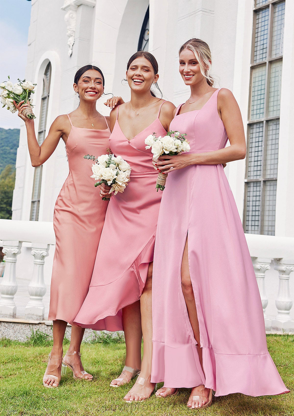 Sheath/Column Cowl Neck Sleeveless Tea-Length Stretch Satin Bridesmaid Dresses Briana DYP0025232