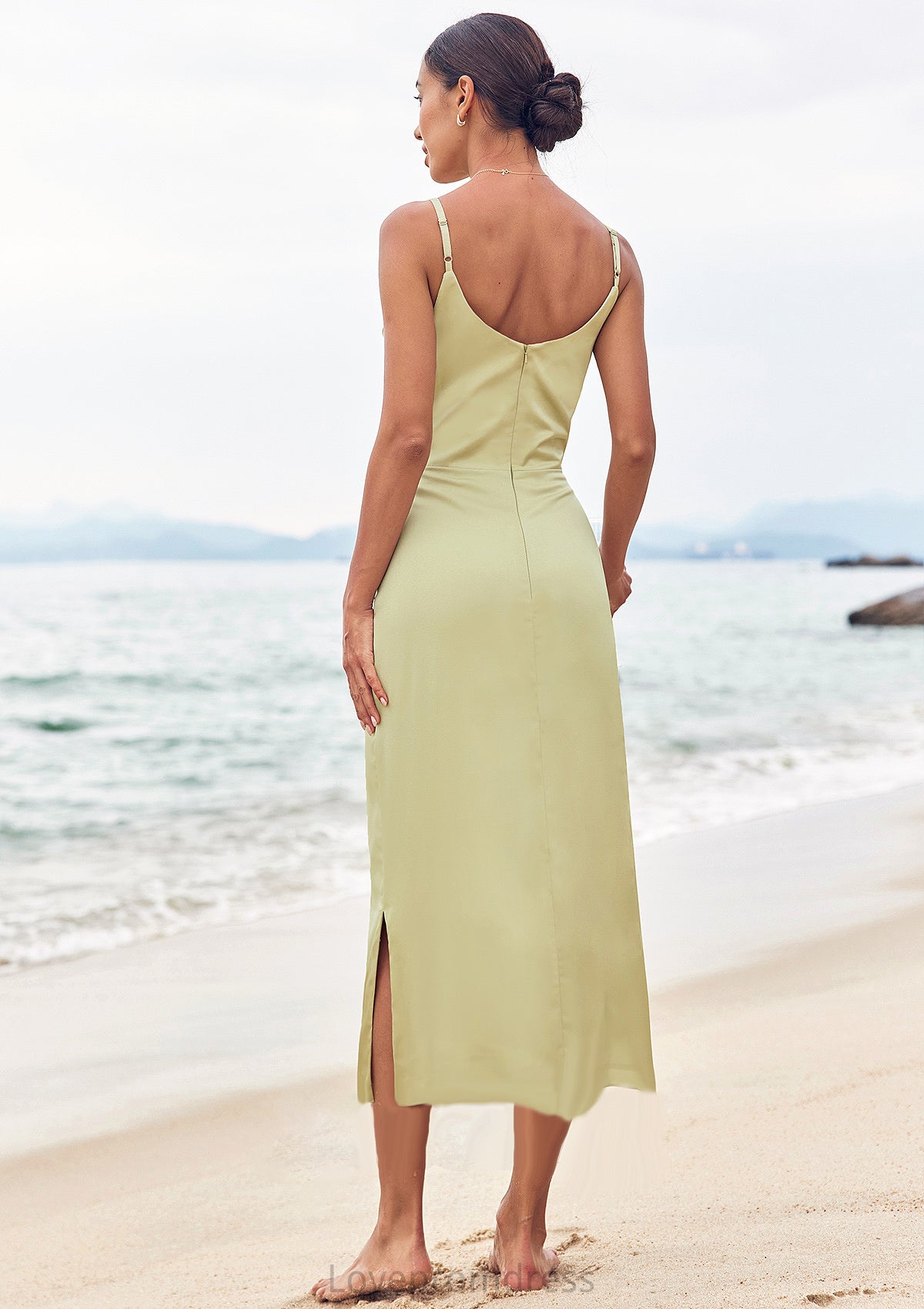 Sheath/Column V Neck Sleeveless Tea-Length Stretch Satin Bridesmaid Dresses with Pleated Split Cristal DYP0025233