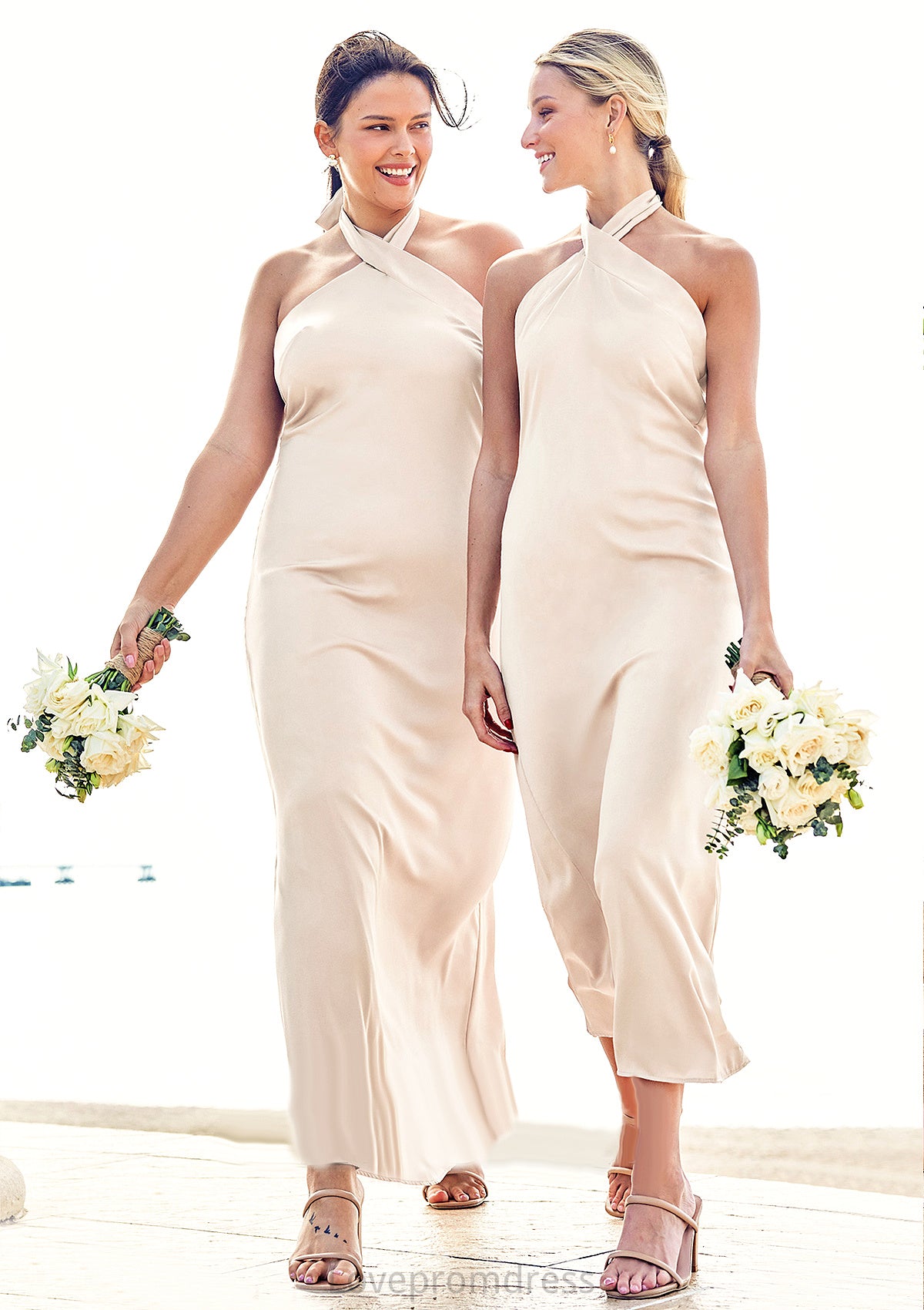 Sheath/Column Halter Sleeveless Ankle-Length Stretch Satin Bridesmaid Dresses with Bowknot Phoenix DYP0025236