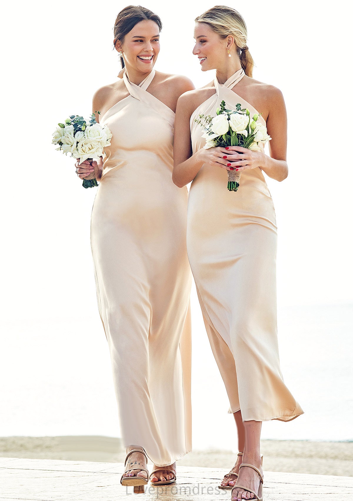 Sheath/Column Halter Sleeveless Ankle-Length Stretch Satin Bridesmaid Dresses with Bowknot Phoenix DYP0025236