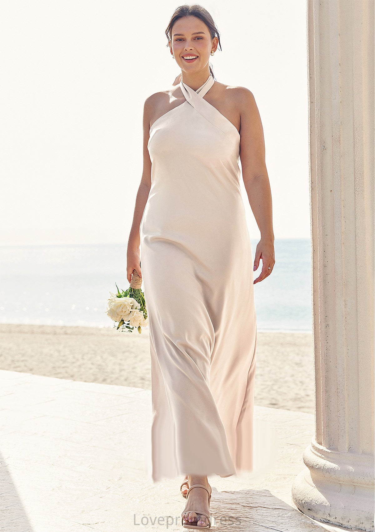 Sheath/Column Halter Sleeveless Ankle-Length Stretch Satin Plus Size Bridesmaid Dresses with Bowknot Kenley DYP0025237