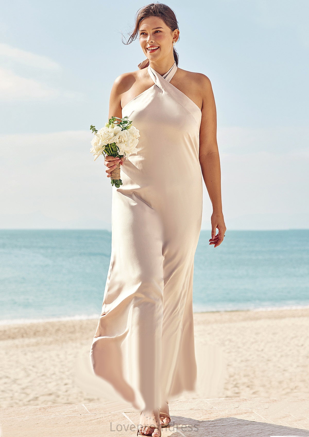 Sheath/Column Halter Sleeveless Ankle-Length Stretch Satin Plus Size Bridesmaid Dresses with Bowknot Kenley DYP0025237