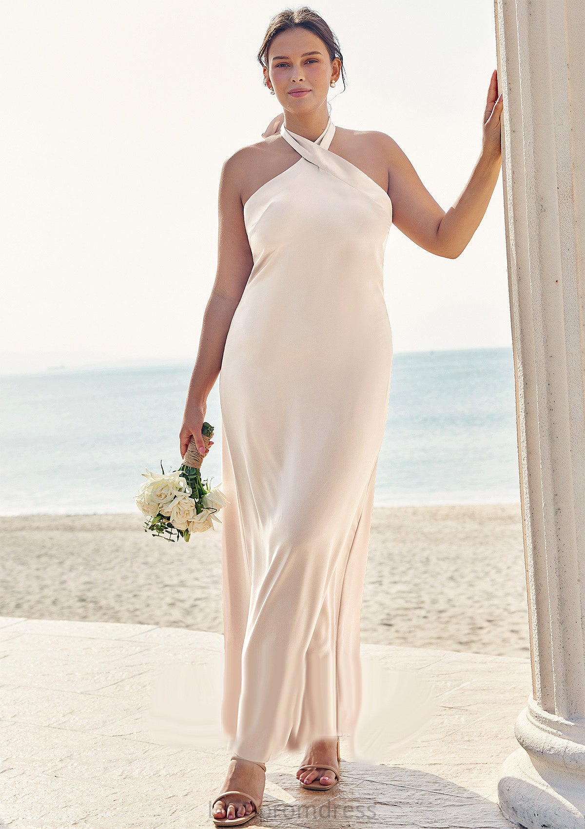 Sheath/Column Halter Sleeveless Ankle-Length Stretch Satin Plus Size Bridesmaid Dresses with Bowknot Kenley DYP0025237