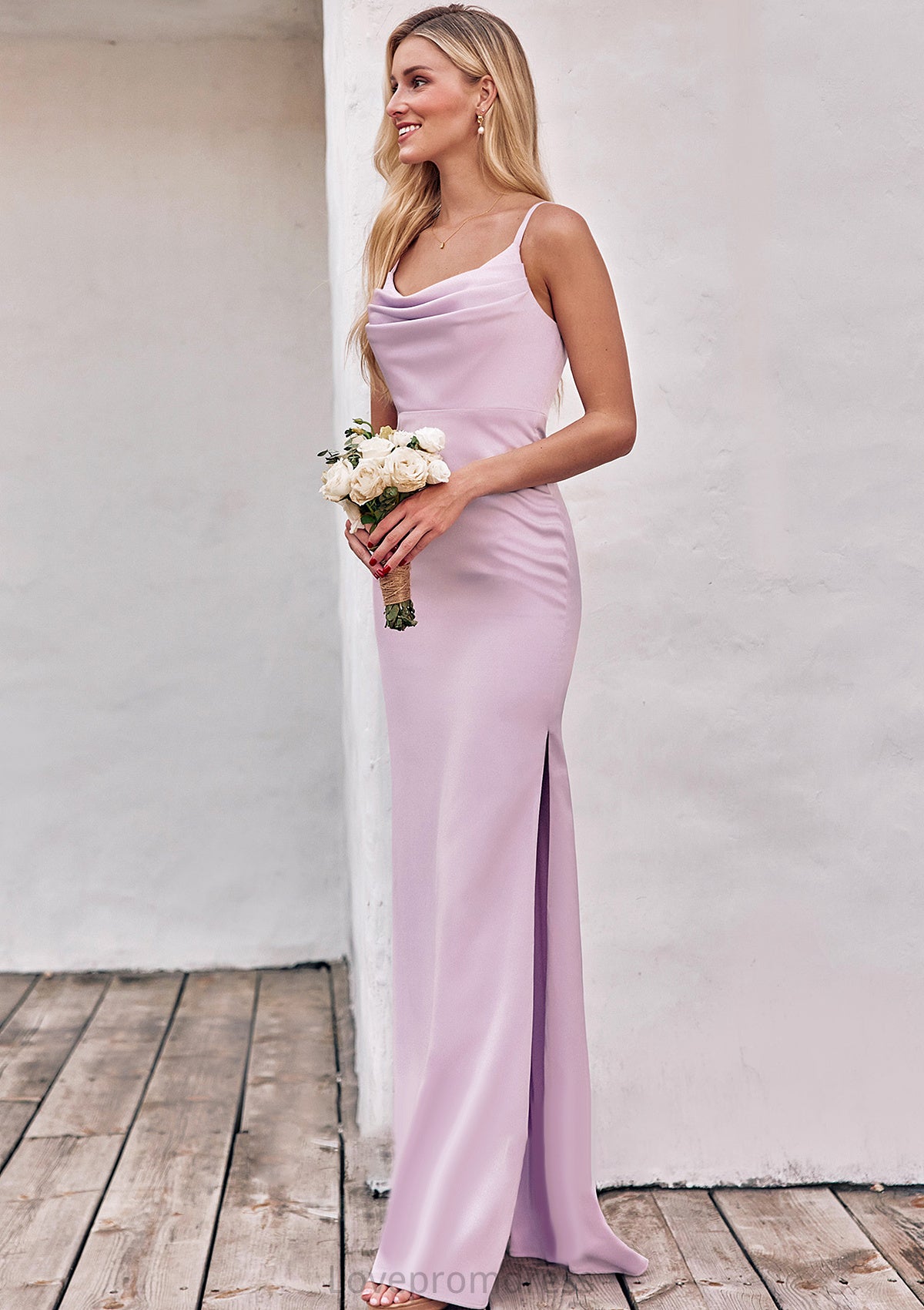 Sheath/Column Cowl Neck Sleeveless Floor-Length Stretch Satin Bridesmaid Dresses with Pleated Split Nyla DYP0025242