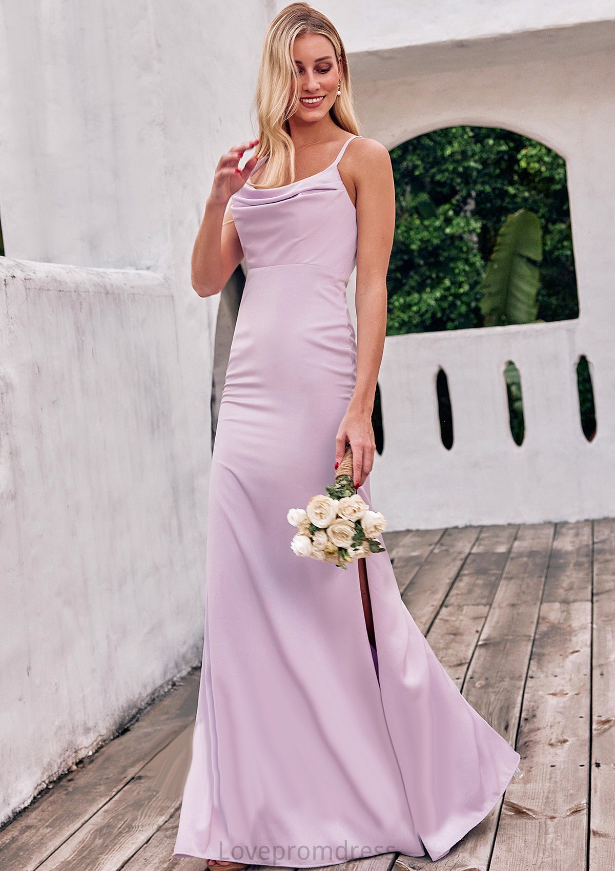 Sheath/Column Cowl Neck Sleeveless Floor-Length Stretch Satin Bridesmaid Dresses with Pleated Split Nyla DYP0025242