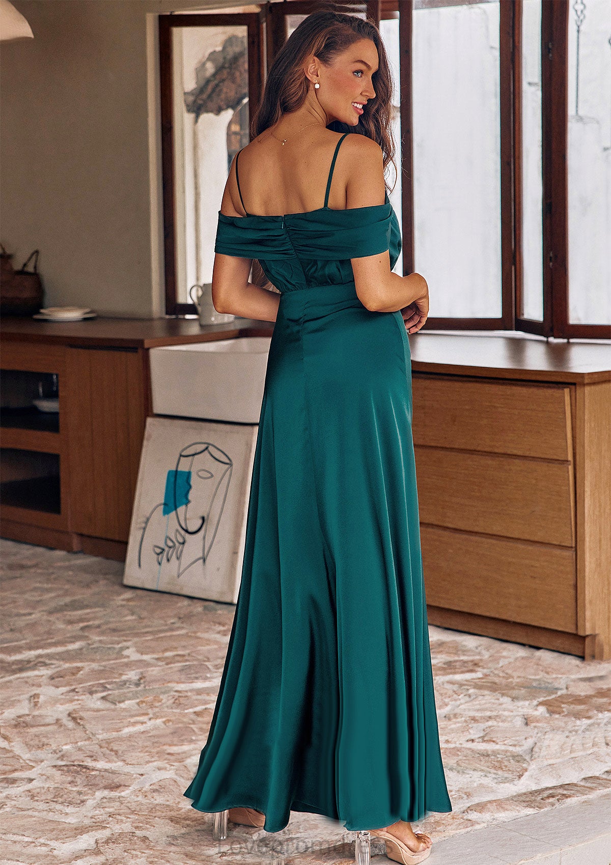 A-line Off-the-Shoulder Sleeveless Floor-Length Stretch Satin Bridesmaid Dresses with Pleated Barbara DYP0025243