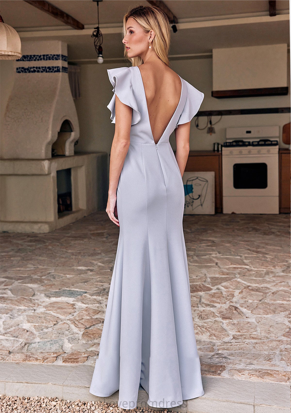 Trumpet/Mermaid Scoop Neck Short Sleeve Floor-Length Stretch Crepe Bridesmaid Dresses with Pleated Ruffles Micaela DYP0025244