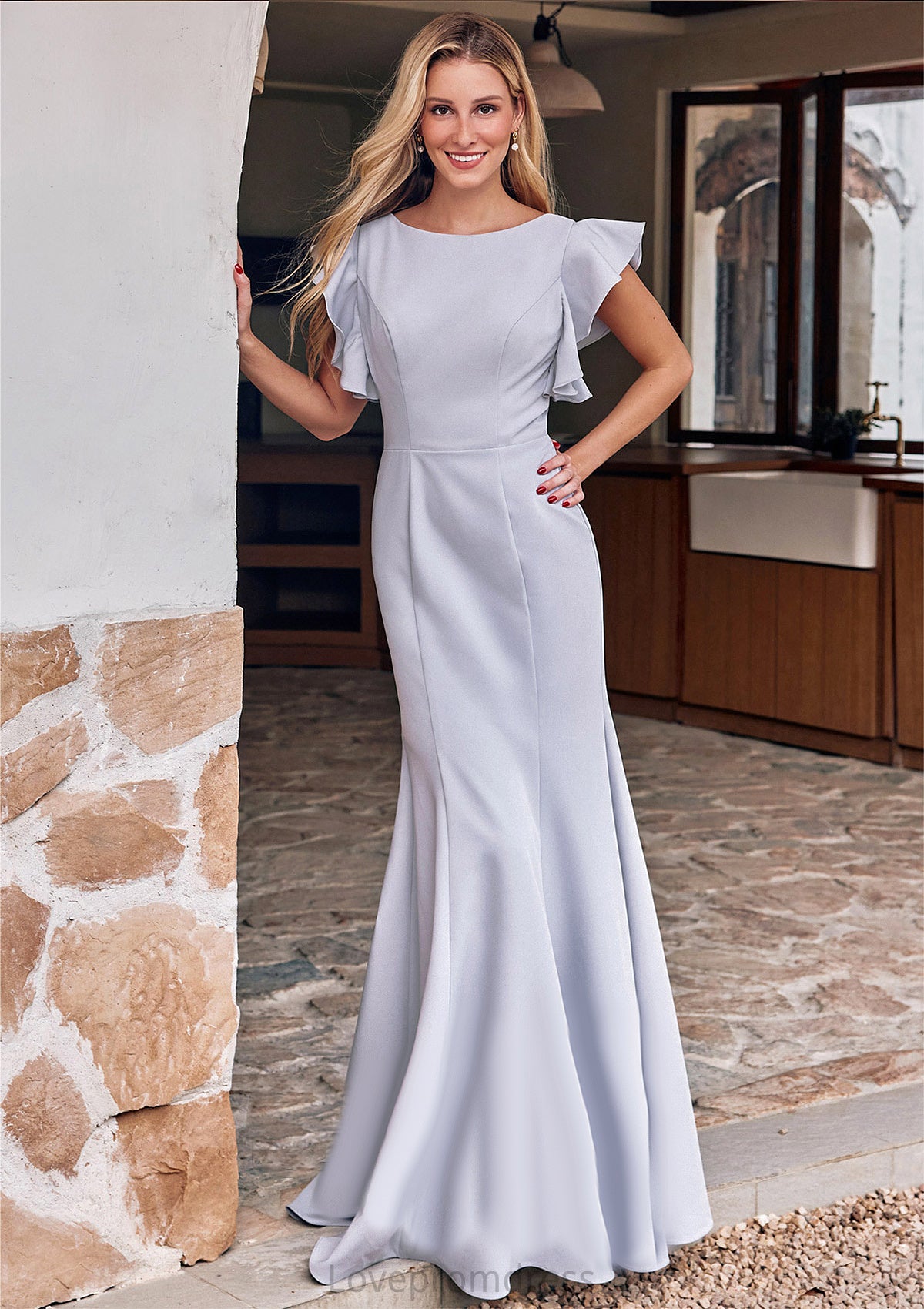 Trumpet/Mermaid Scoop Neck Short Sleeve Floor-Length Stretch Crepe Bridesmaid Dresses with Pleated Ruffles Micaela DYP0025244