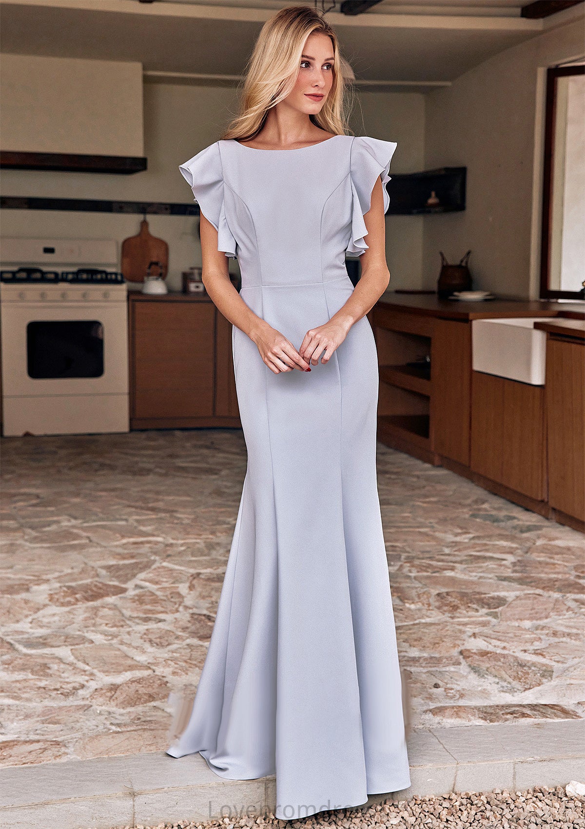 Trumpet/Mermaid Scoop Neck Short Sleeve Floor-Length Stretch Crepe Bridesmaid Dresses with Pleated Ruffles Micaela DYP0025244