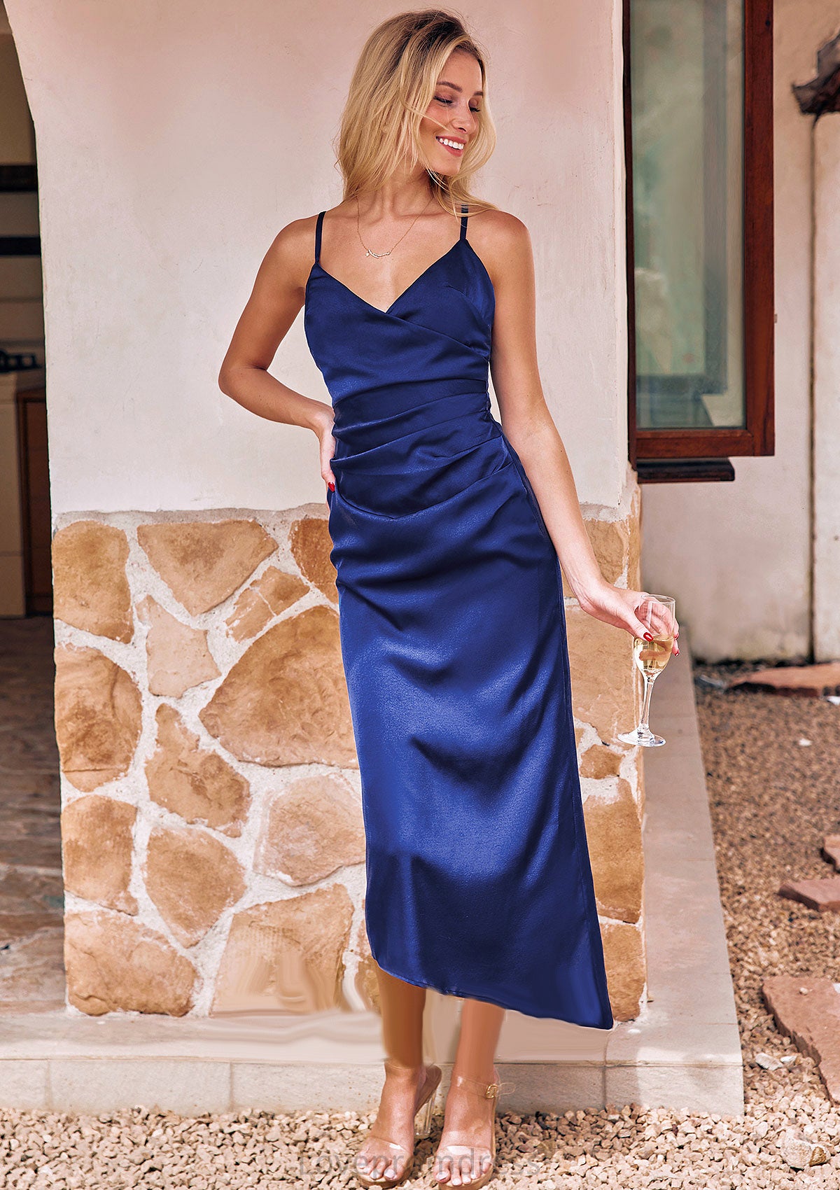 Sheath/Column V Neck Sleeveless Asymmetrical Stretch Satin Bridesmaid Dresses with Pleated Harmony DYP0025245