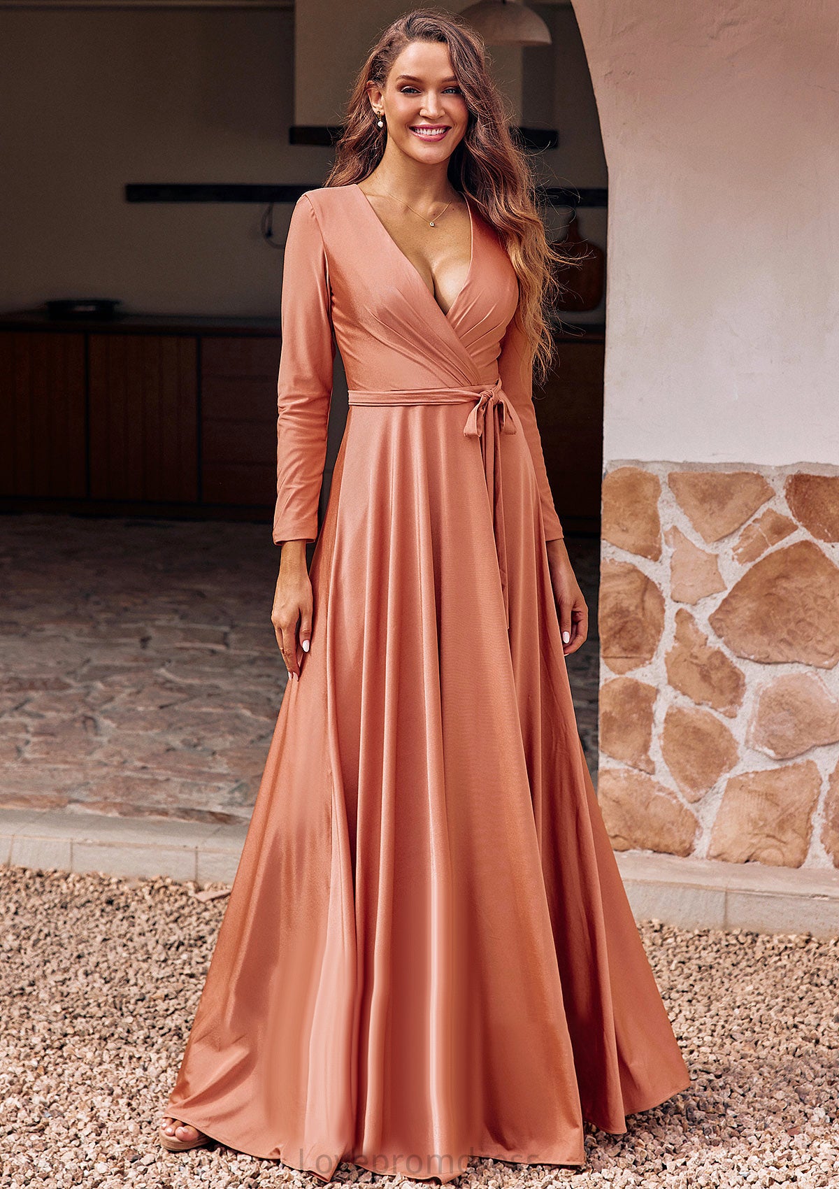 A-line V Neck Full/Long Sleeve Floor-Length Jersey Bridesmaid Dresses with Pleated Sashes Milagros DYP0025246