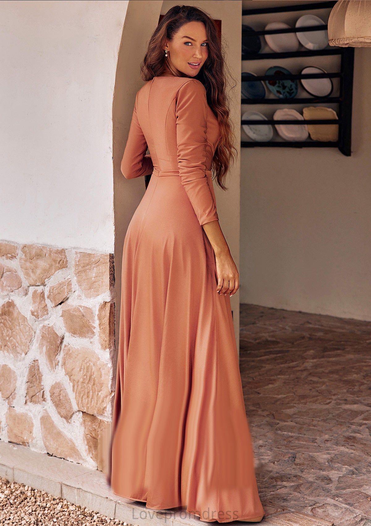 A-line V Neck Full/Long Sleeve Floor-Length Jersey Bridesmaid Dresses with Pleated Sashes Milagros DYP0025246