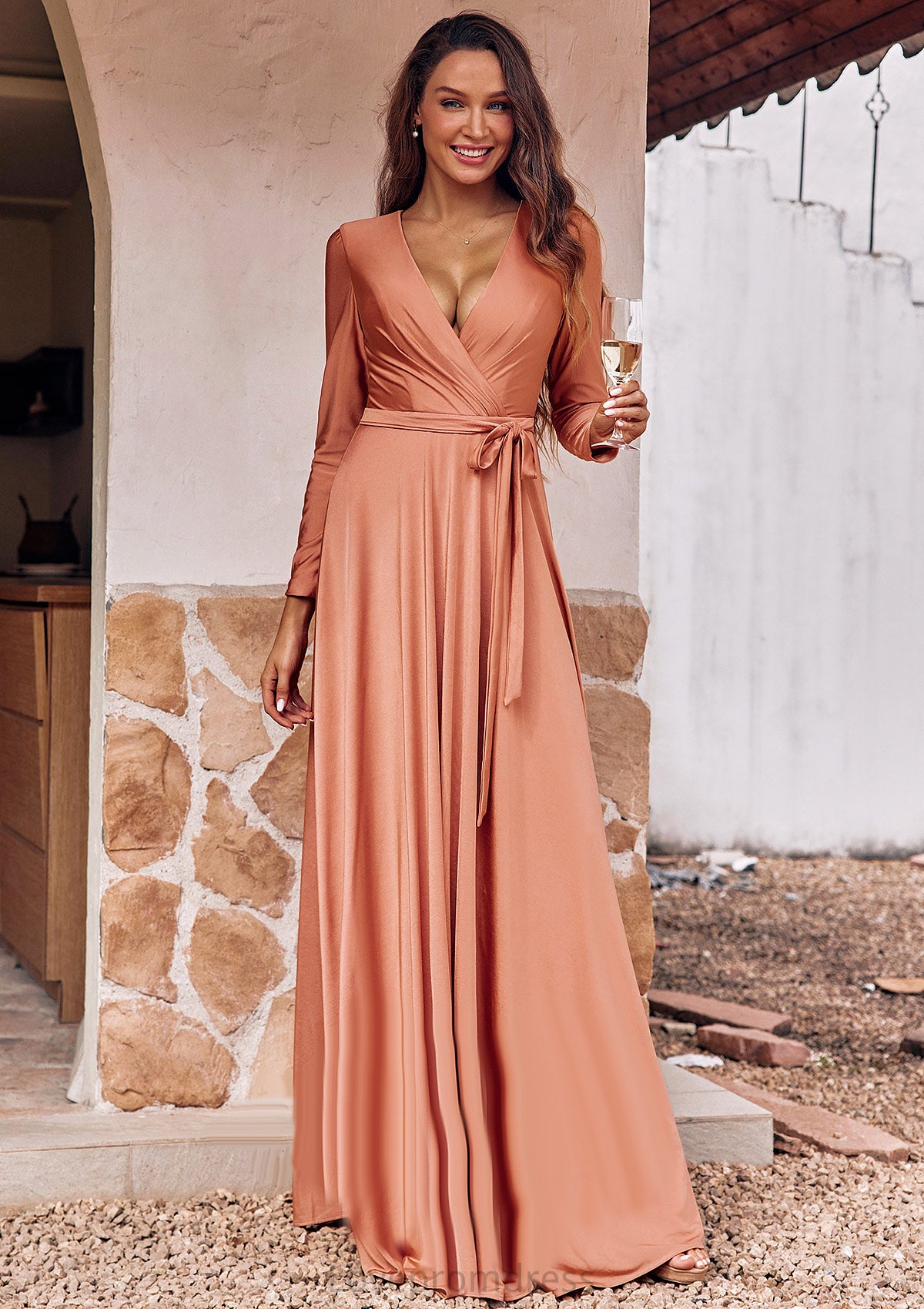 A-line V Neck Full/Long Sleeve Floor-Length Jersey Bridesmaid Dresses with Pleated Sashes Milagros DYP0025246