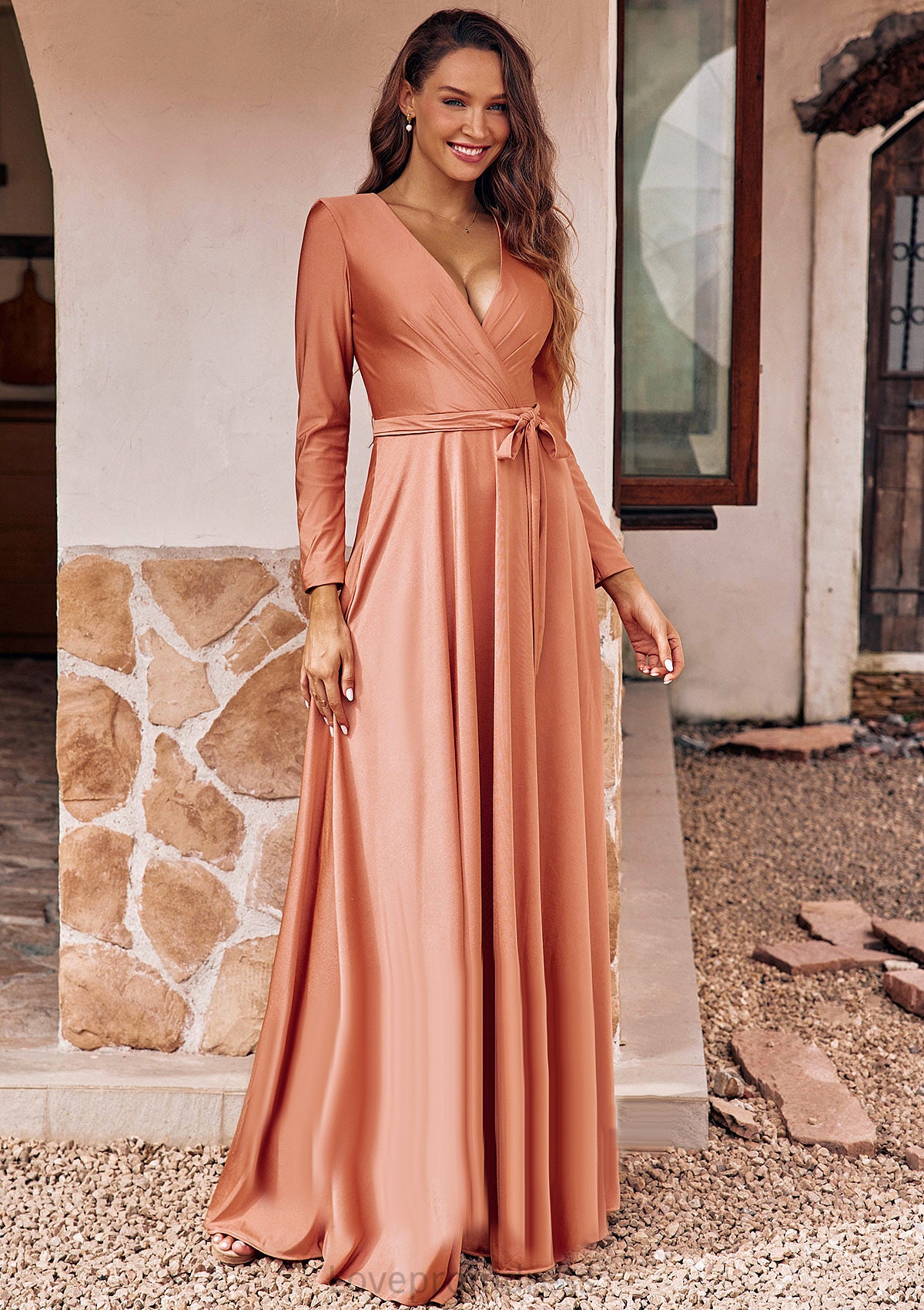 A-line V Neck Full/Long Sleeve Floor-Length Jersey Bridesmaid Dresses with Pleated Sashes Milagros DYP0025246