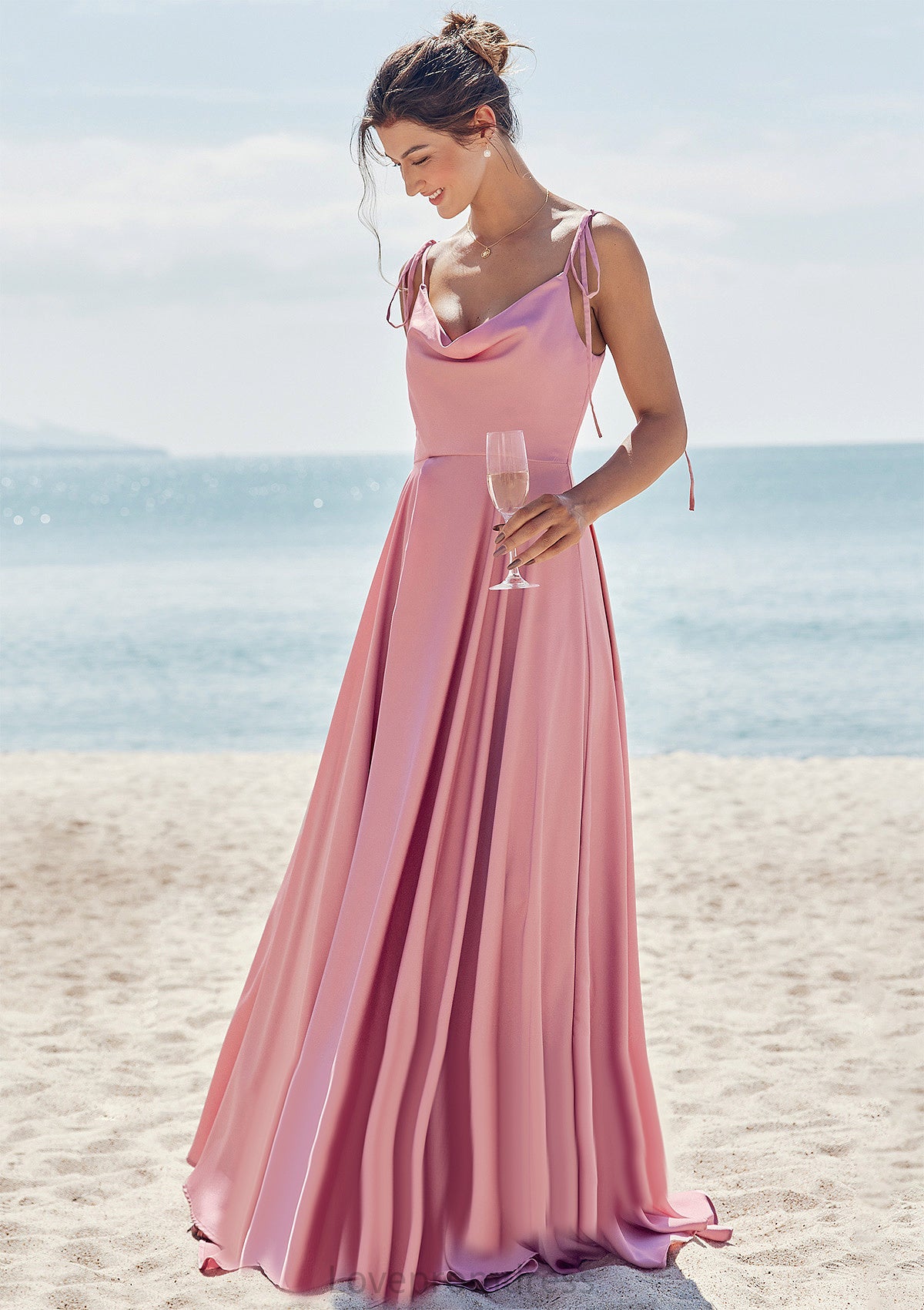 A-line V Neck Sleeveless Floor-Length Stretch Satin Bridesmaid Dresses with Split Catalina DYP0025247