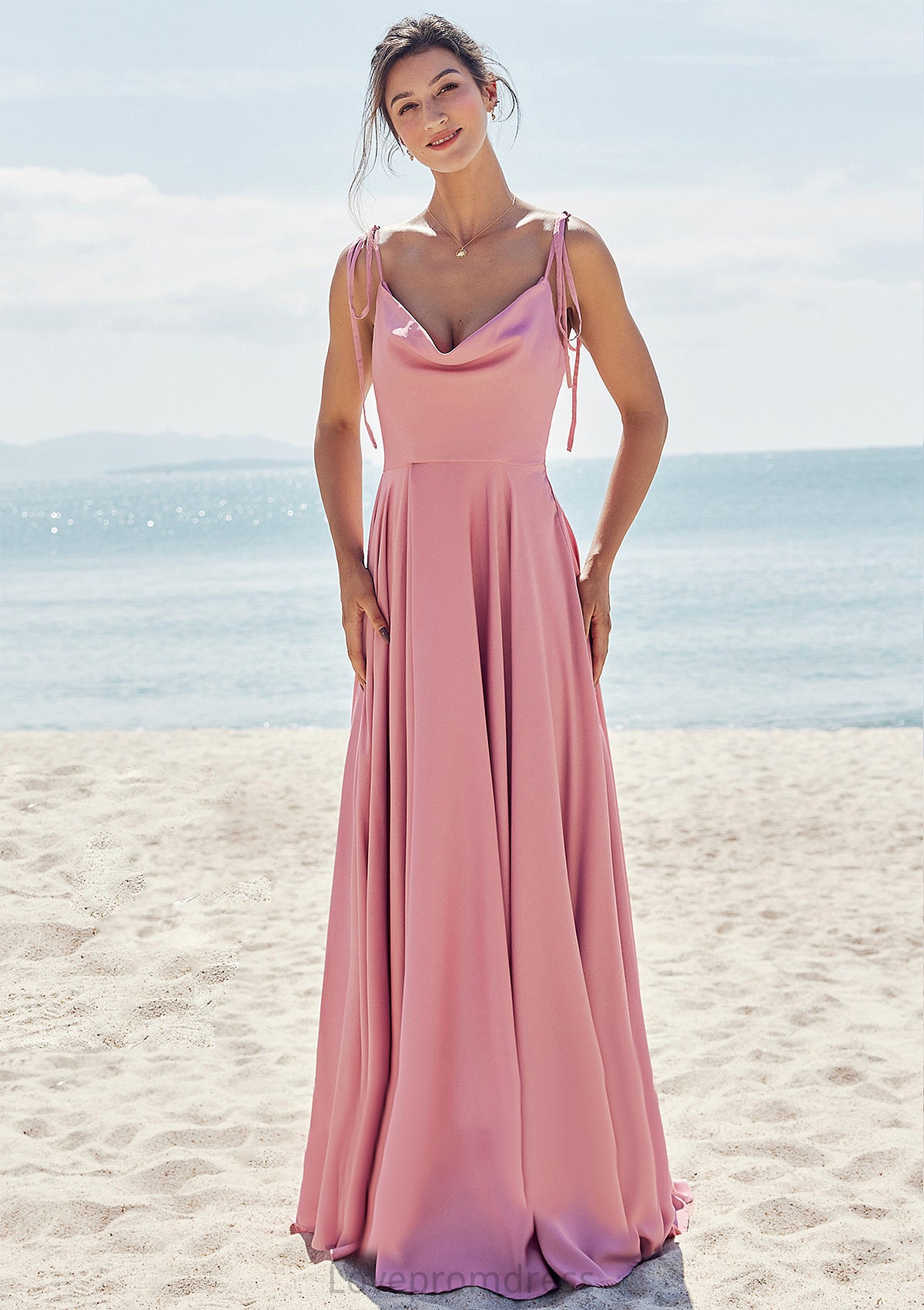 A-line V Neck Sleeveless Floor-Length Stretch Satin Bridesmaid Dresses with Split Catalina DYP0025247