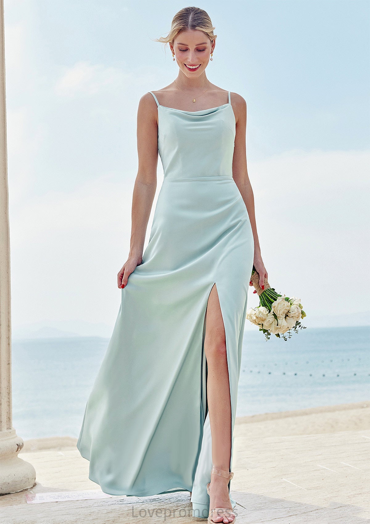 A-line Square Neckline Sleeveless Floor-Length Stretch Satin Bridesmaid Dresses with Split Carley DYP0025248