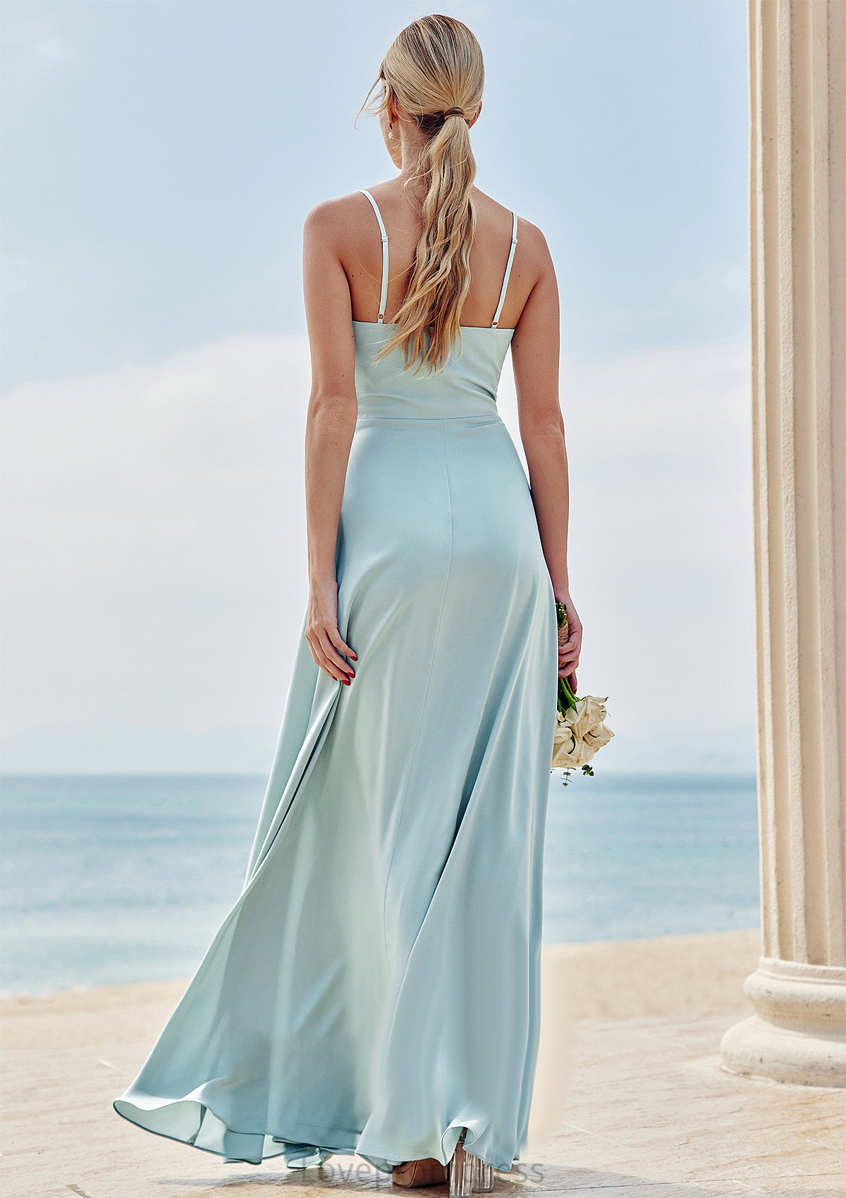 A-line Square Neckline Sleeveless Floor-Length Stretch Satin Bridesmaid Dresses with Split Carley DYP0025248