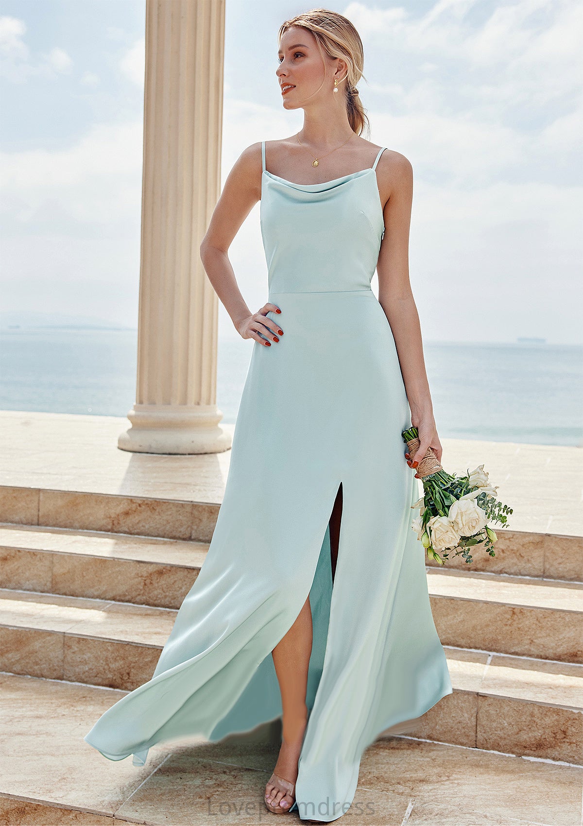 A-line Square Neckline Sleeveless Floor-Length Stretch Satin Bridesmaid Dresses with Split Carley DYP0025248