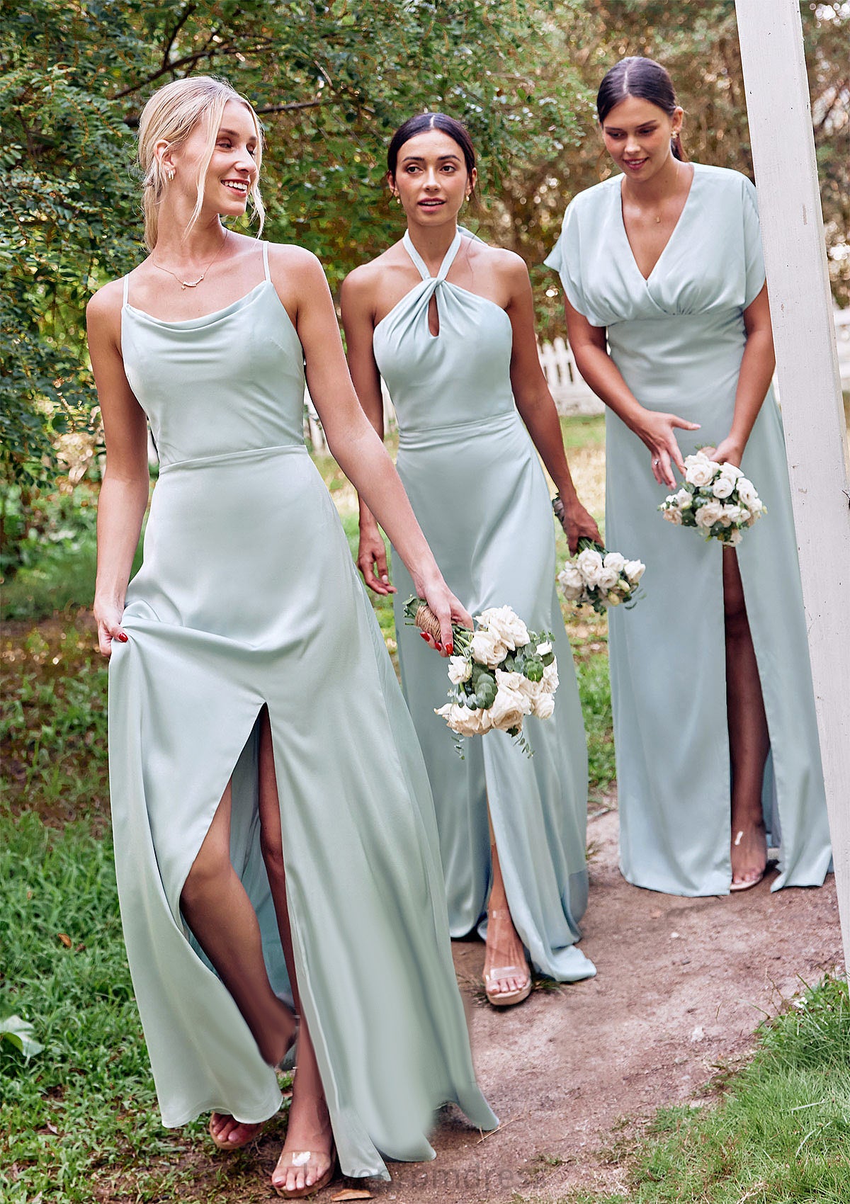 A-line Square Neckline Sleeveless Floor-Length Stretch Satin Bridesmaid Dresses with Split Carley DYP0025248